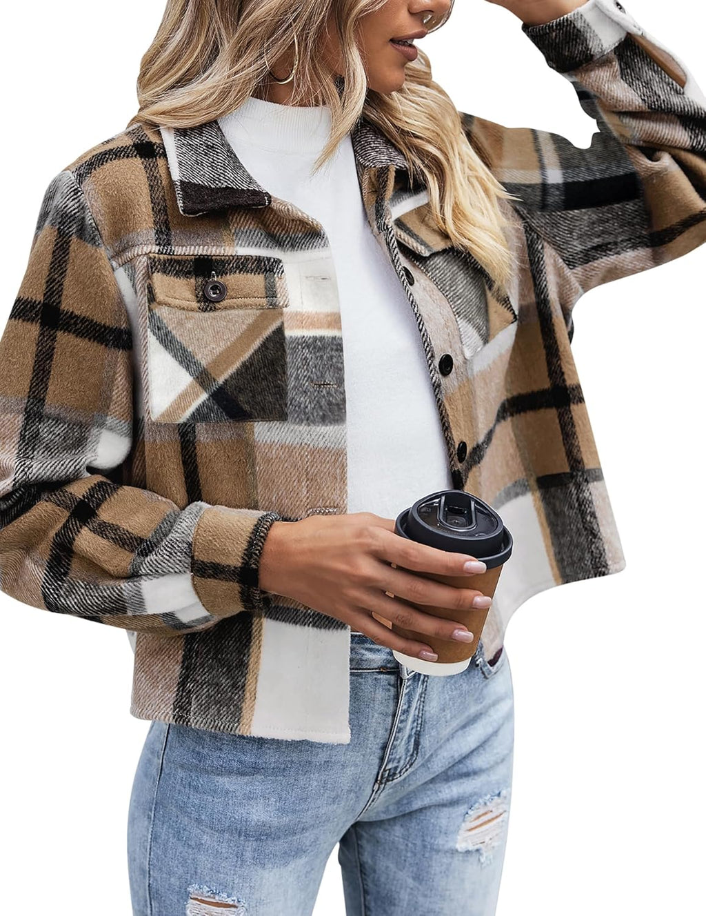 Zeagoo Flannels for Women Cropped Shacket Jacket Fashion Plaid Button Down Shirt 2025 Fall Coat Tops