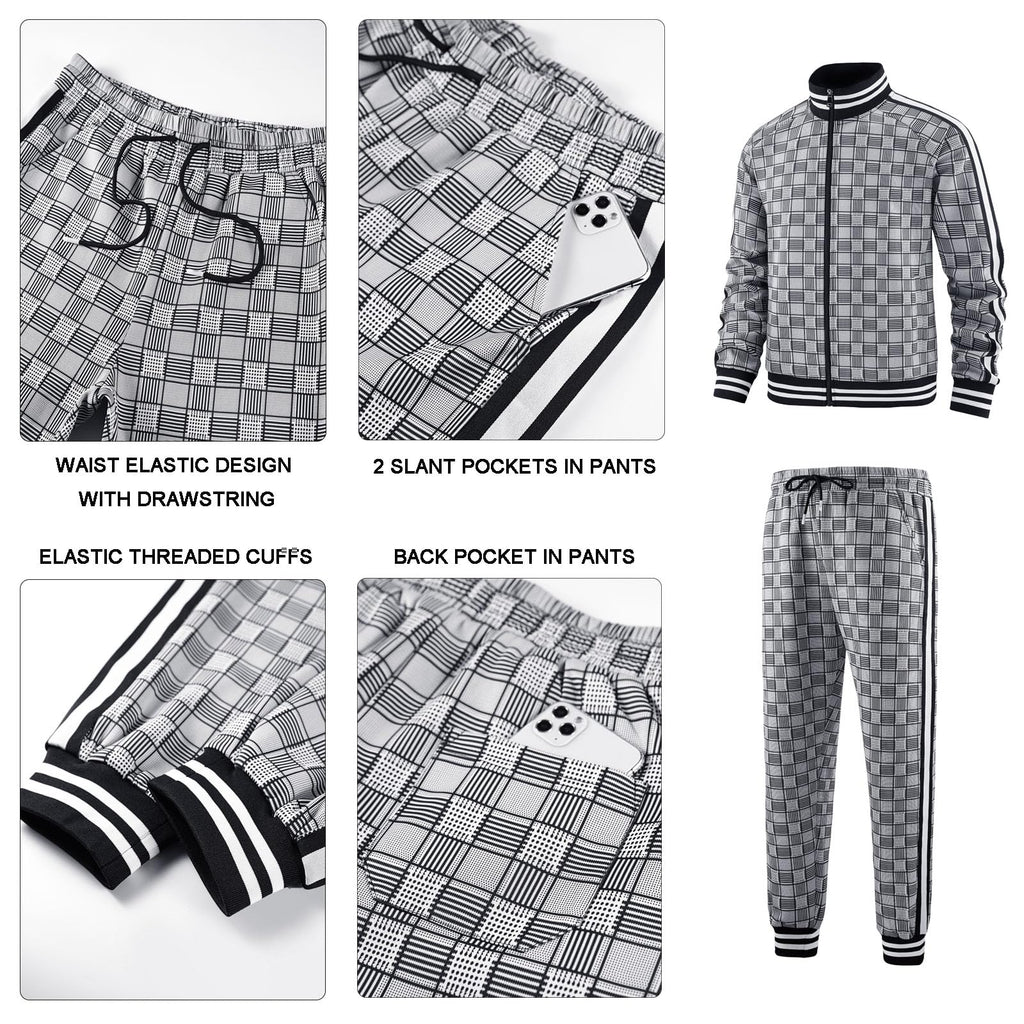 Men Tracksuits Full-zip Long Sleeve Plaid Track Jackets and Pants 2 Piece