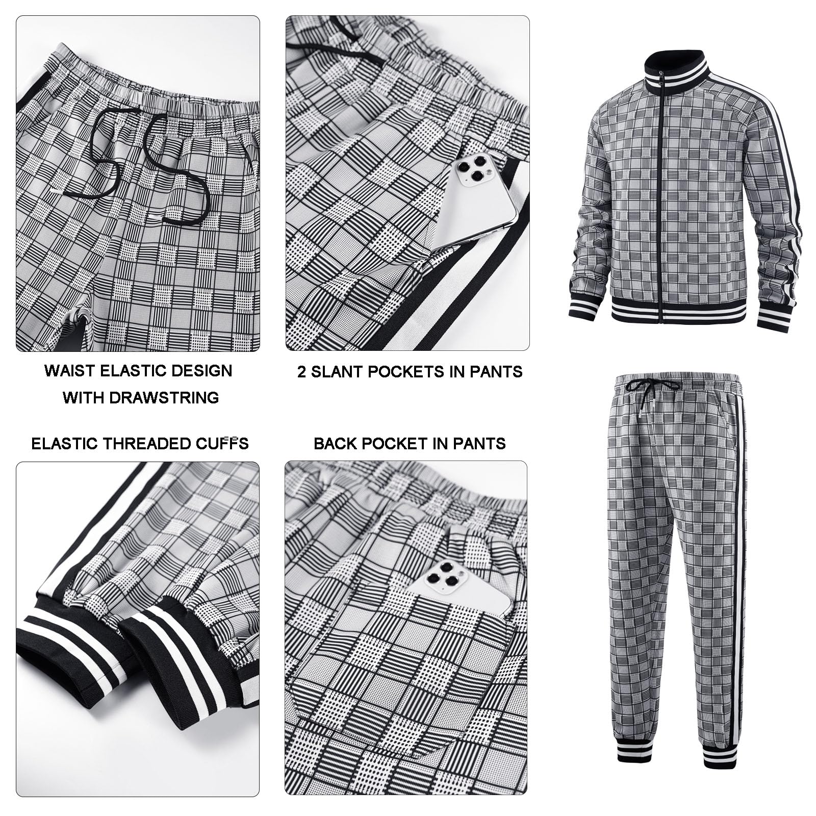 Men Tracksuits Full-zip Long Sleeve Plaid Track Jackets and Pants 2 Piece