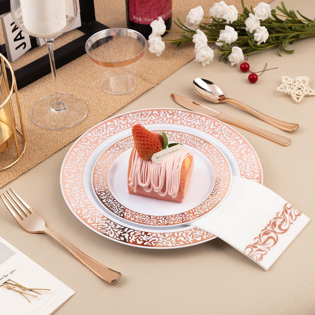 700PCS Gold Plastic Dinnerware Set for 100 Guests, Disposable Plates for Party, Include 100 Gold Dinner Plates, 100 Dessert Plates, 100 Set Silverware, 100 Cups, 100 Napkins