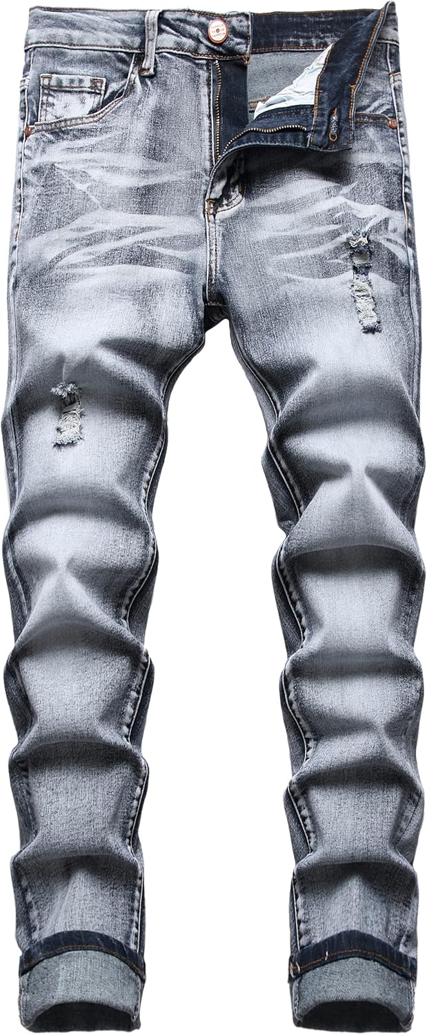 JUNBAOSS Men's Slim Fit Stretch Jeans Ripped Skinny Jeans for Men, Distressed Straight Leg Fashion Comfort Flex Waist Pants