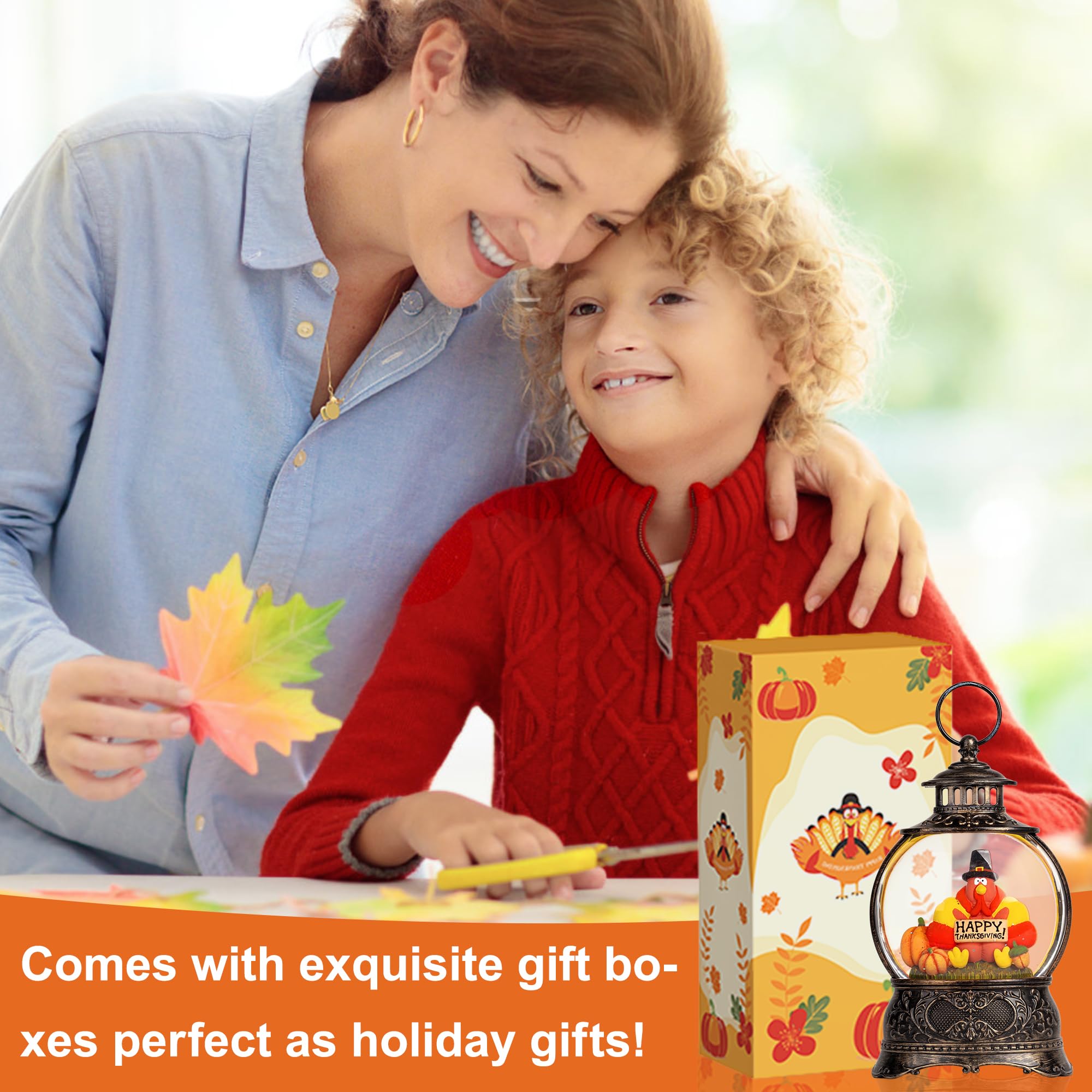 Fall Snow Globe Lantern with Autumn Turkey and Pumpkins Thanksgiving LED Decor for Home, Indoor Tabletop Centerpiece with Glitter Flakes, Harvest Light Decorations