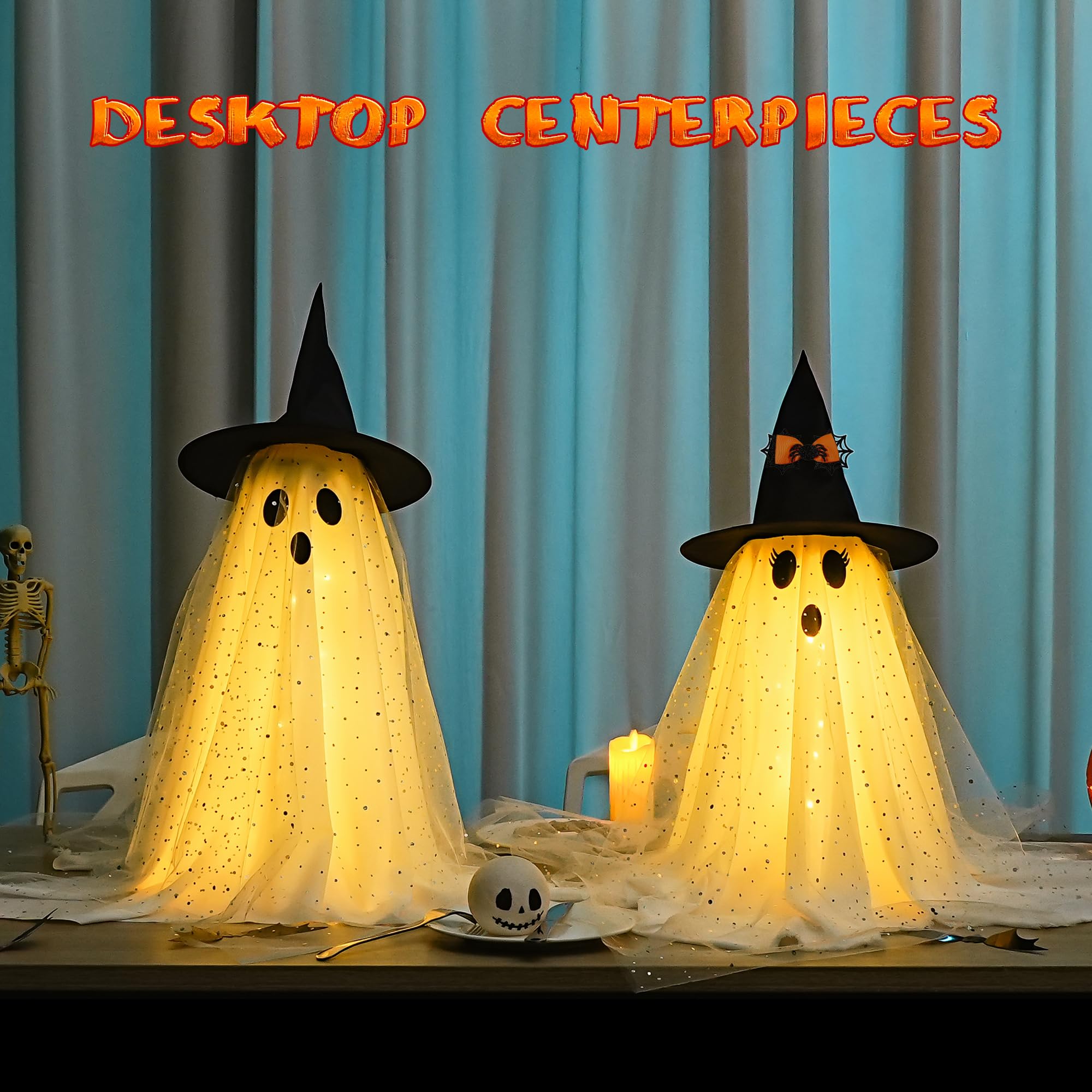 2Packs Halloween Decorations Outdoor,Halloweens Party Decoration Indoor,Spooky Ghost with Remote Control String Lights,Halloween-Ghost Lights for Porches Yards Gardens Lawn