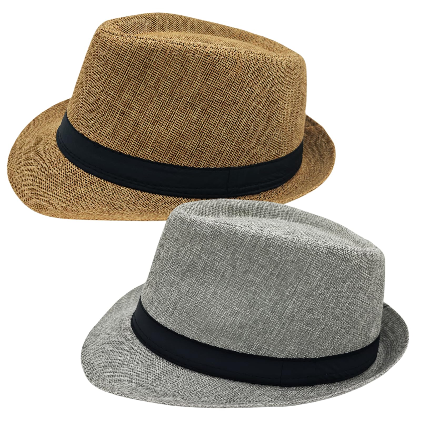 2 Pack Short Brim Fedora Classic 20s Trilby Panama Hats Summer Travel Cap for Men Women