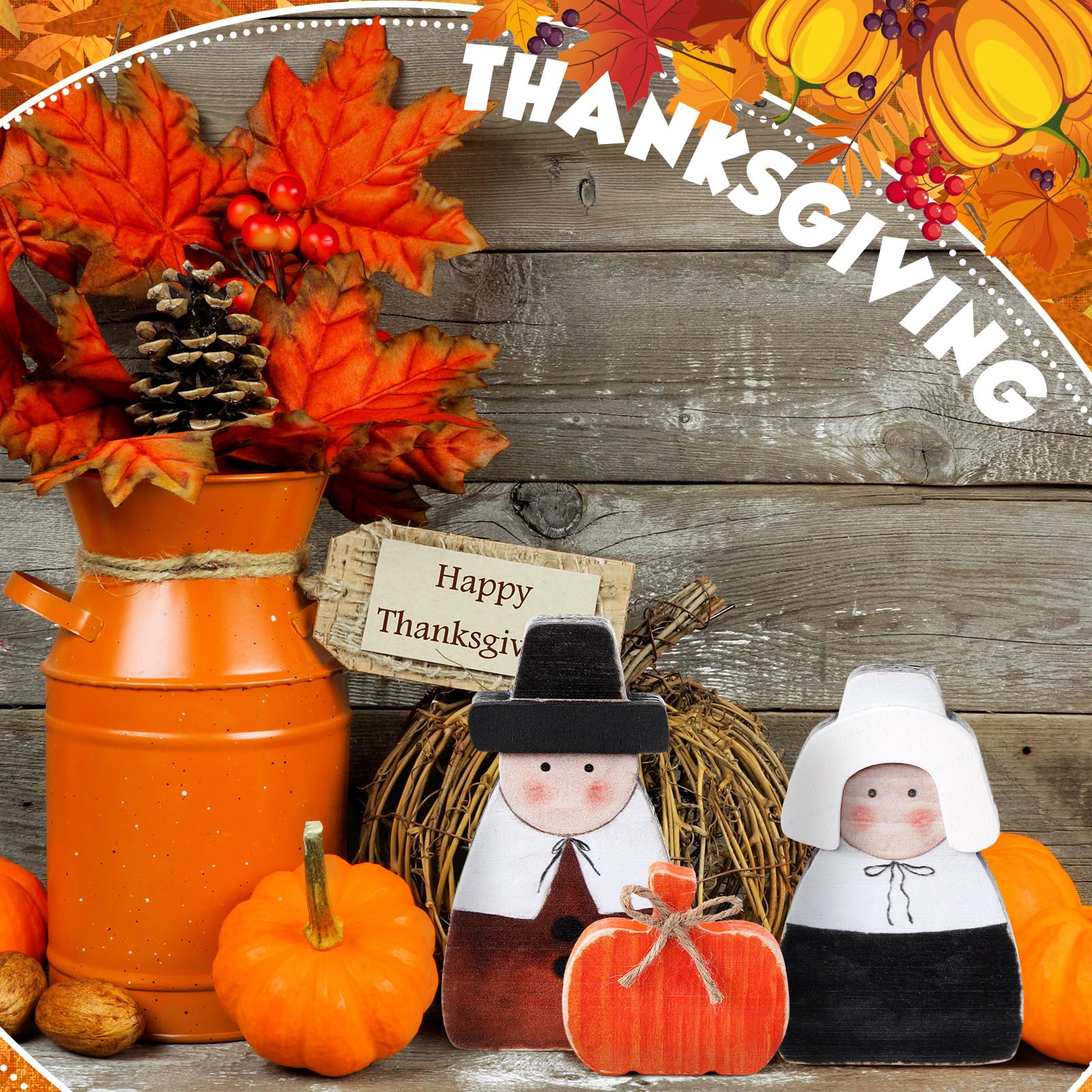 3 Pcs Fall Thanksgiving Decorations Fall Wooden Turkey Pilgrim Couple Table Sign Thanksgiving Standing Tabletop Decor for Autumn Harvest Indoor Tabletop(Turkey)