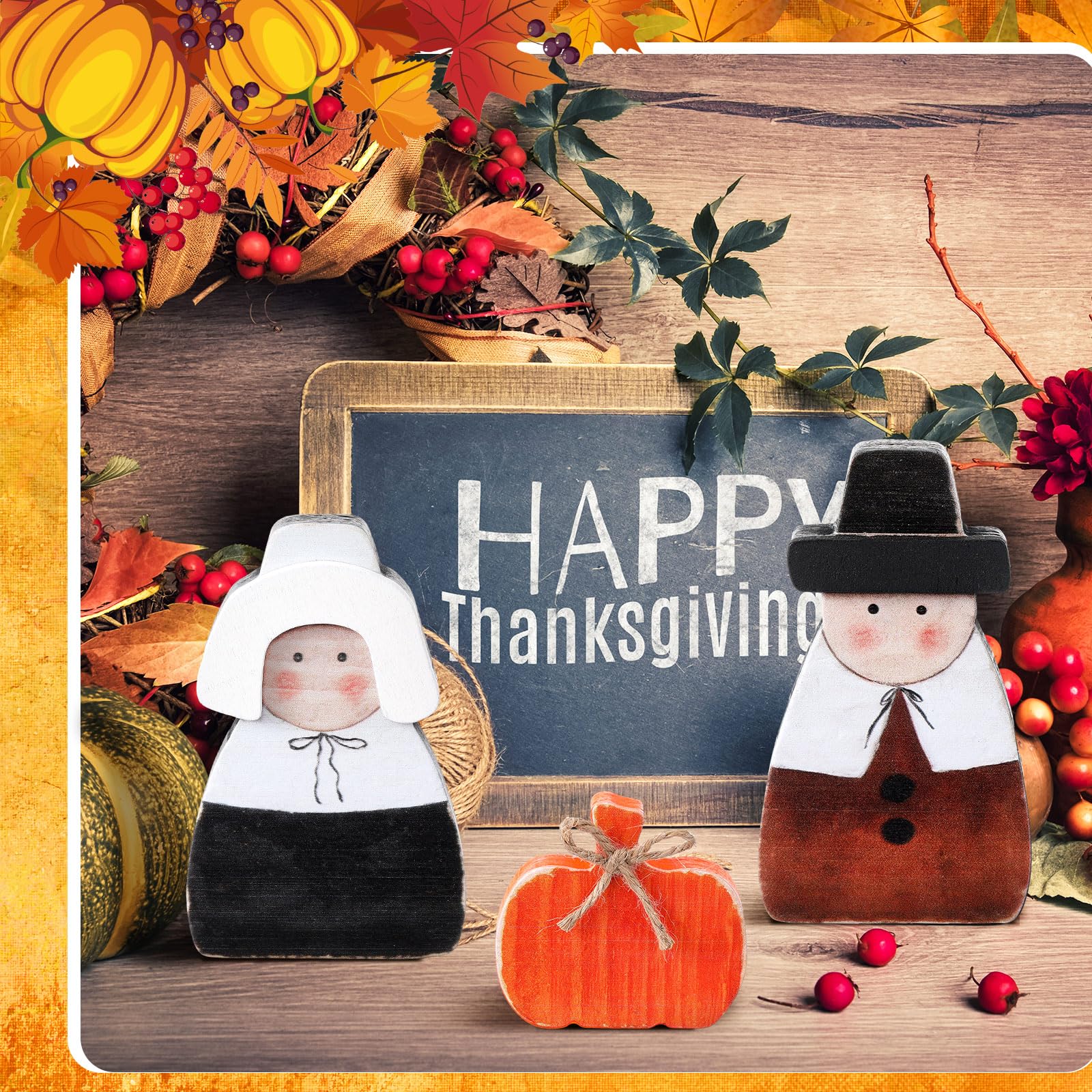 3 Pcs Fall Thanksgiving Decorations Fall Wooden Turkey Pilgrim Couple Table Sign Thanksgiving Standing Tabletop Decor for Autumn Harvest Indoor Tabletop(Turkey)