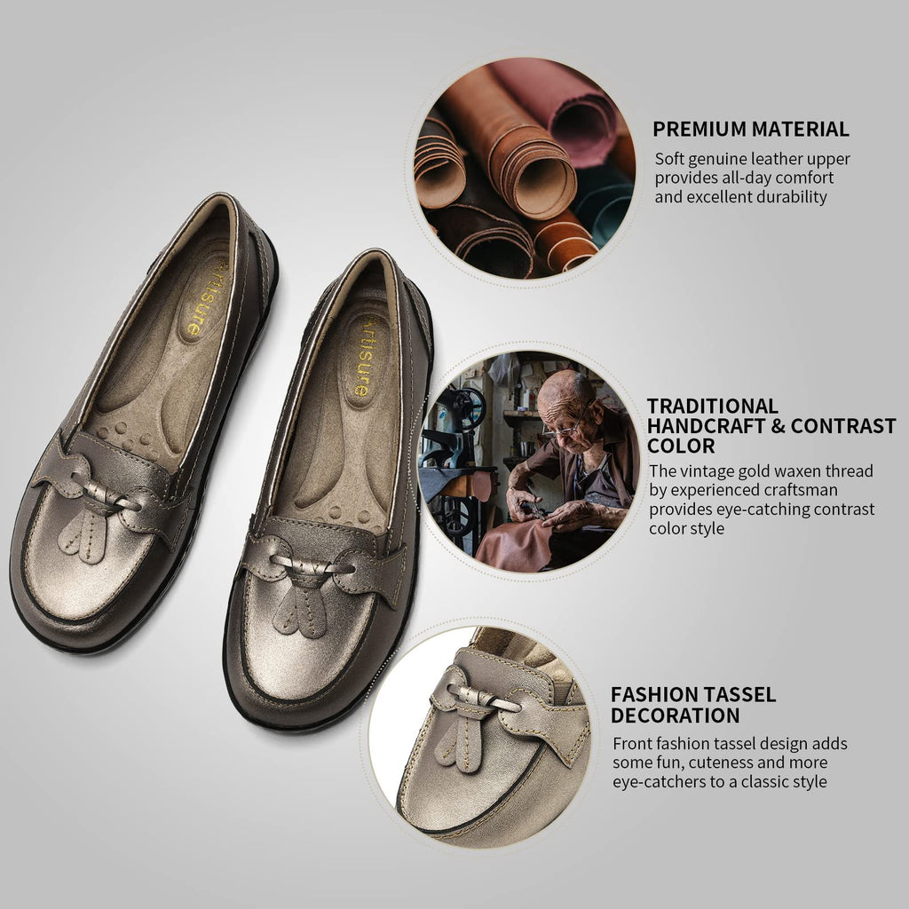 Artisure Women's Classic Comfort Leather Loafers Casual Slip-Ons Stylish Tassel Dress Shoes Cute Work Office Flats Everyday Walking Shoes