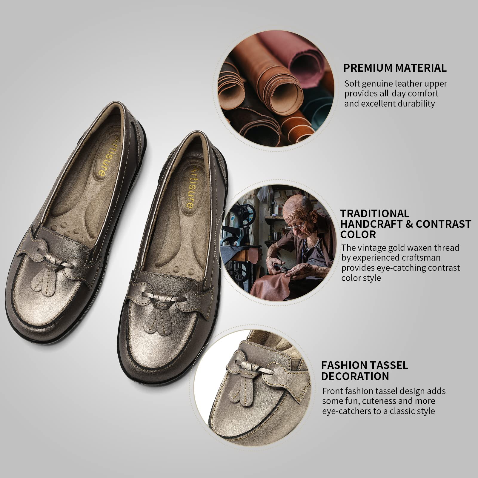 Artisure Women's Classic Comfort Leather Loafers Casual Slip-Ons Stylish Tassel Dress Shoes Cute Work Office Flats Everyday Walking Shoes