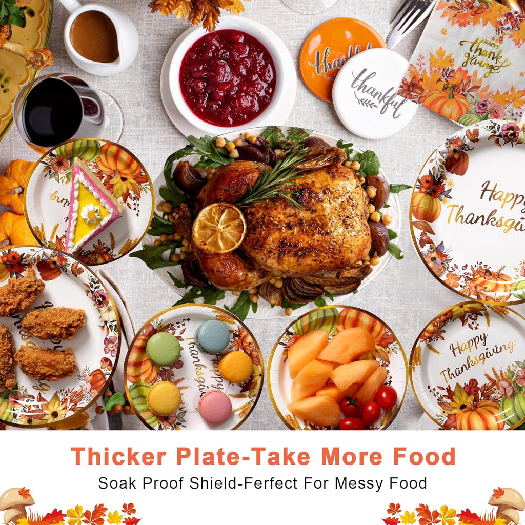 Dereinwo 150 Pcs Thanksgiving Paper Plates and Napkins Fall Pumpkin Autumn Party Plates Napkins Set Disposable Dinnerware Tableware for Thanksgiving Dinner Party, Serves 50