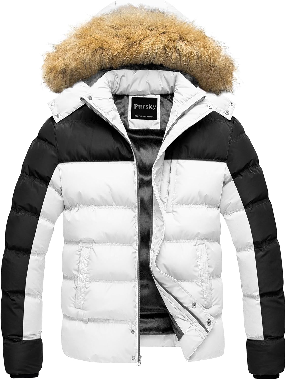 Pursky Men's Puffer Jacket Waterproof Winter Bubble Coats Ski Parka Fur Hooded