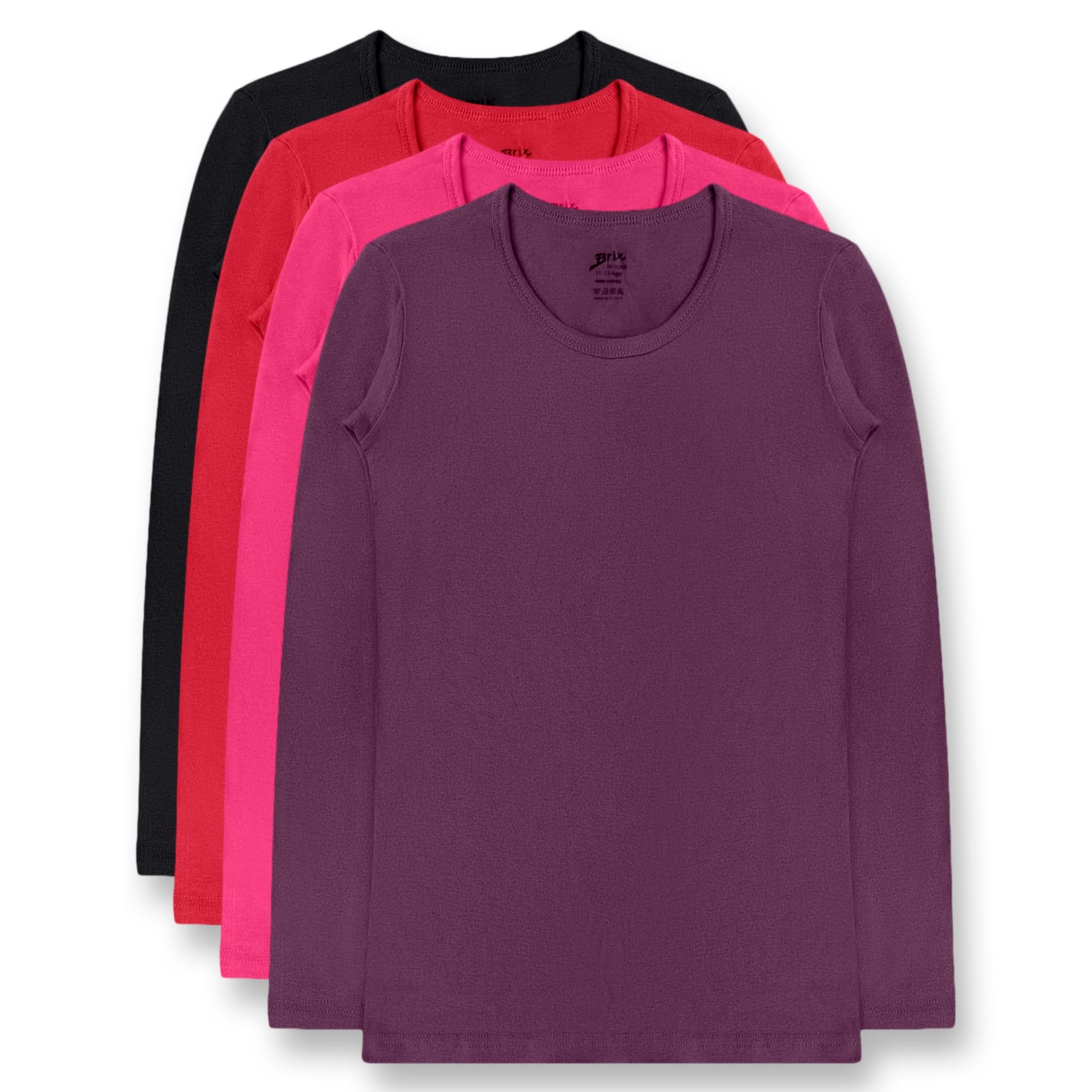 Brix Girls' Long Sleeve Tees - 100% Cotton Tagless 4 -Pack Crew Neck Super Soft Cotton T Shirts.