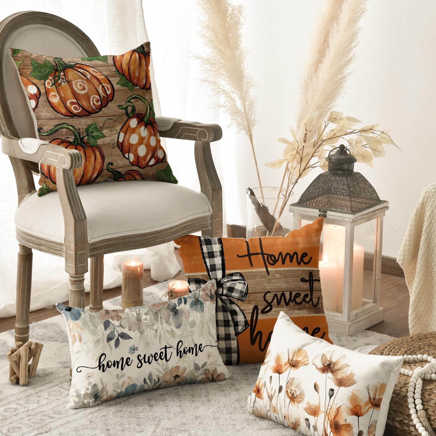 AVOIN colorlife Fall Pumpkin Home Sweet Home Thanksgiving Throw Pillow Covers, 18 x 18 Inch Love Lives Here Autumn Harvest Stripes Polka Dots Give Thanks Decorations for Sofa Couch Set of 4