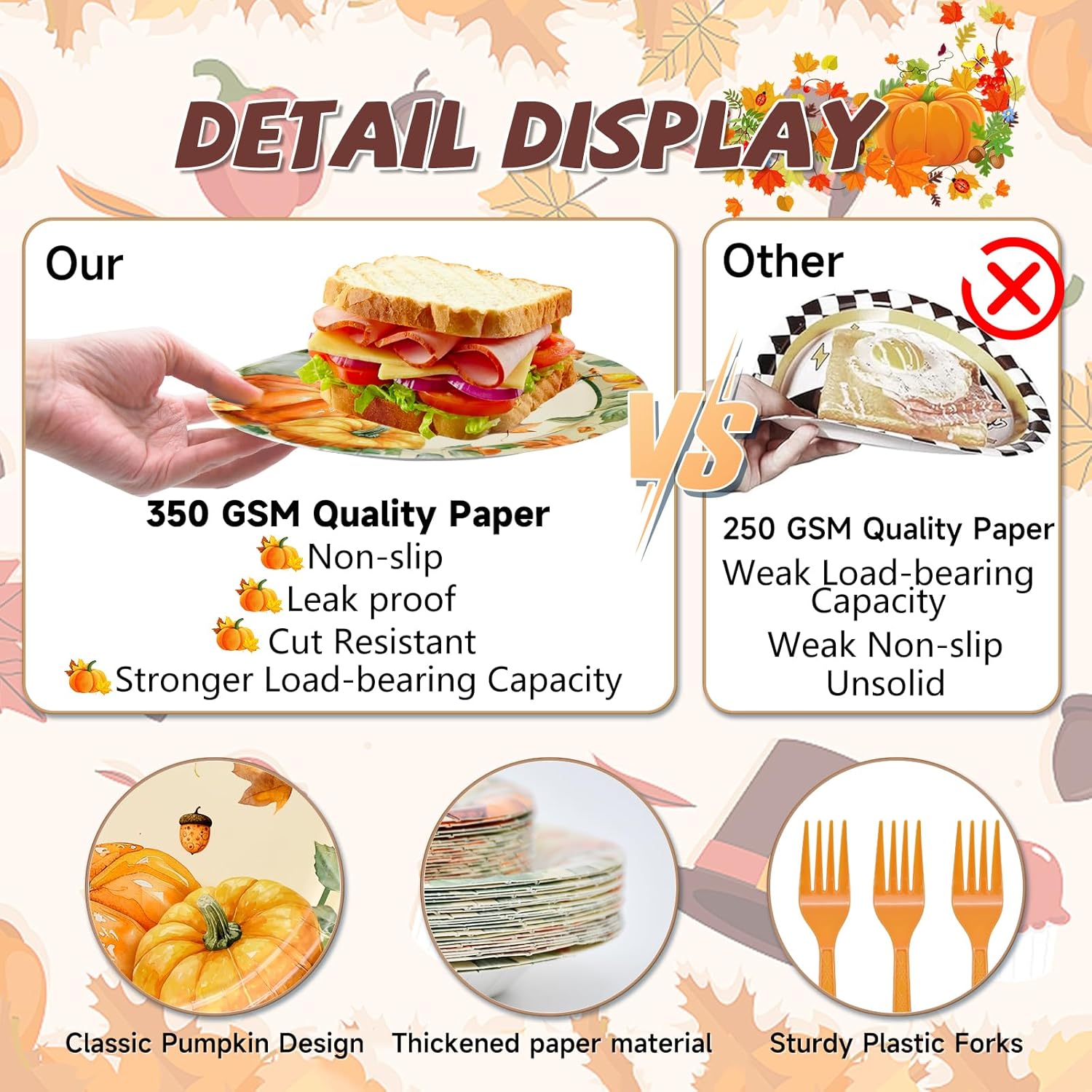 96 Pieces Fall Plates and Napkins Thanksgiving Tableware Set, Pumpkin Maple Leaf Disposable Dinnerware with Paper Plates, Napkins, and Forks for Thanksgiving Autumn Harvest Party Supplies- Serves 24