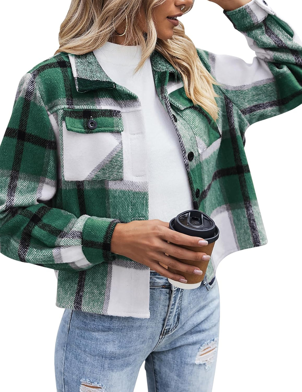 Zeagoo Flannels for Women Cropped Shacket Jacket Fashion Plaid Button Down Shirt 2025 Fall Coat Tops