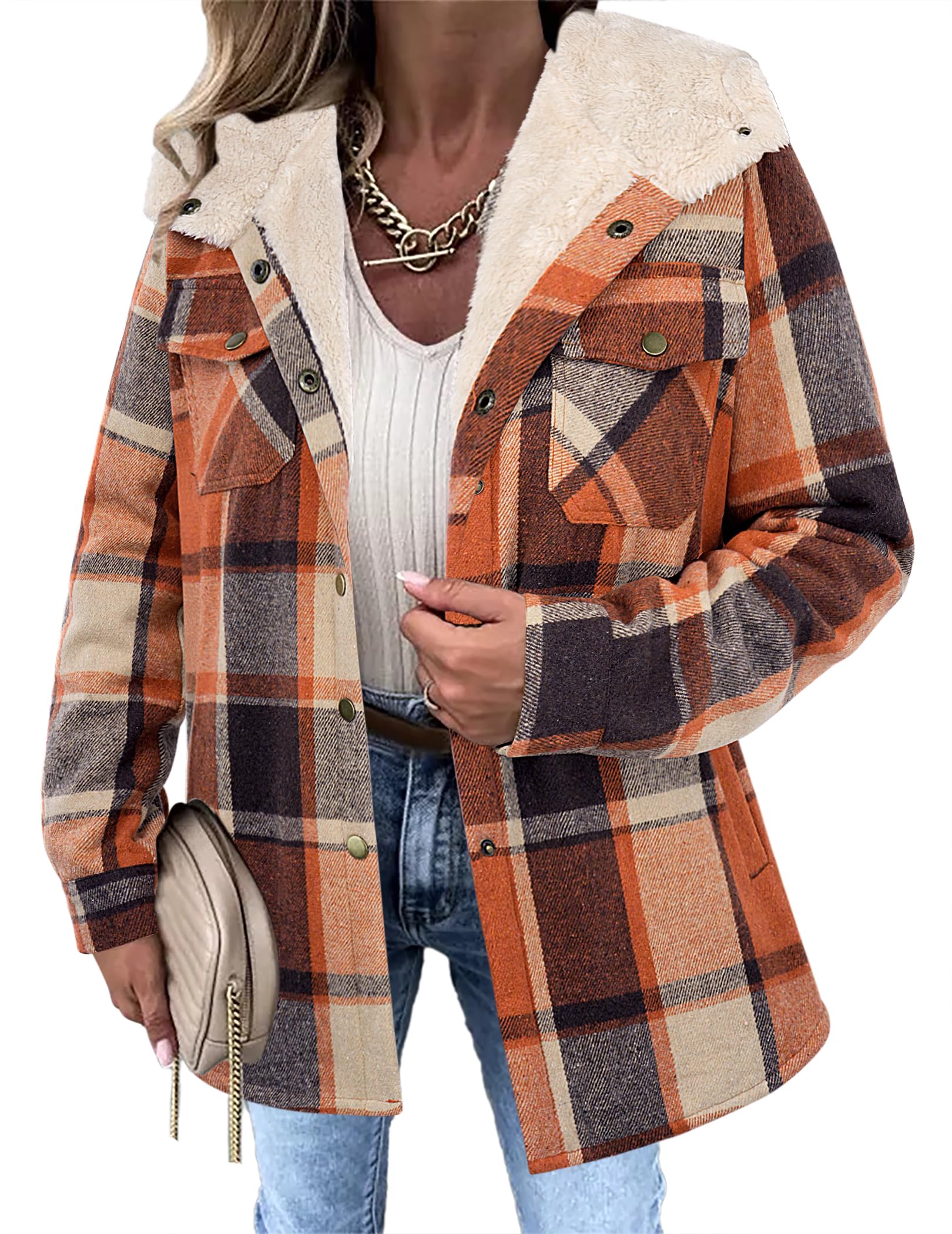 Zeagoo Womens Plaid Shacket Jacket Long Sleeve Fleece Hooded Jackets Fall Winter Warm Coat S-2XL