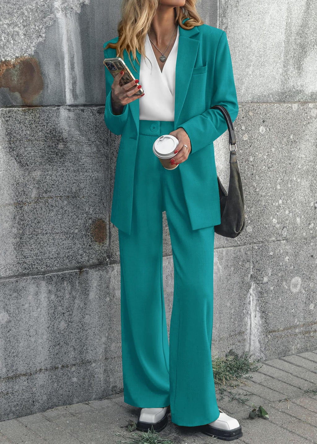 KIRUNDO Women Suits 2 Piece Set Business Casual Dressy Oversized Blazer Jacket and Wide Leg Dress Pantsuits Formal Outfits