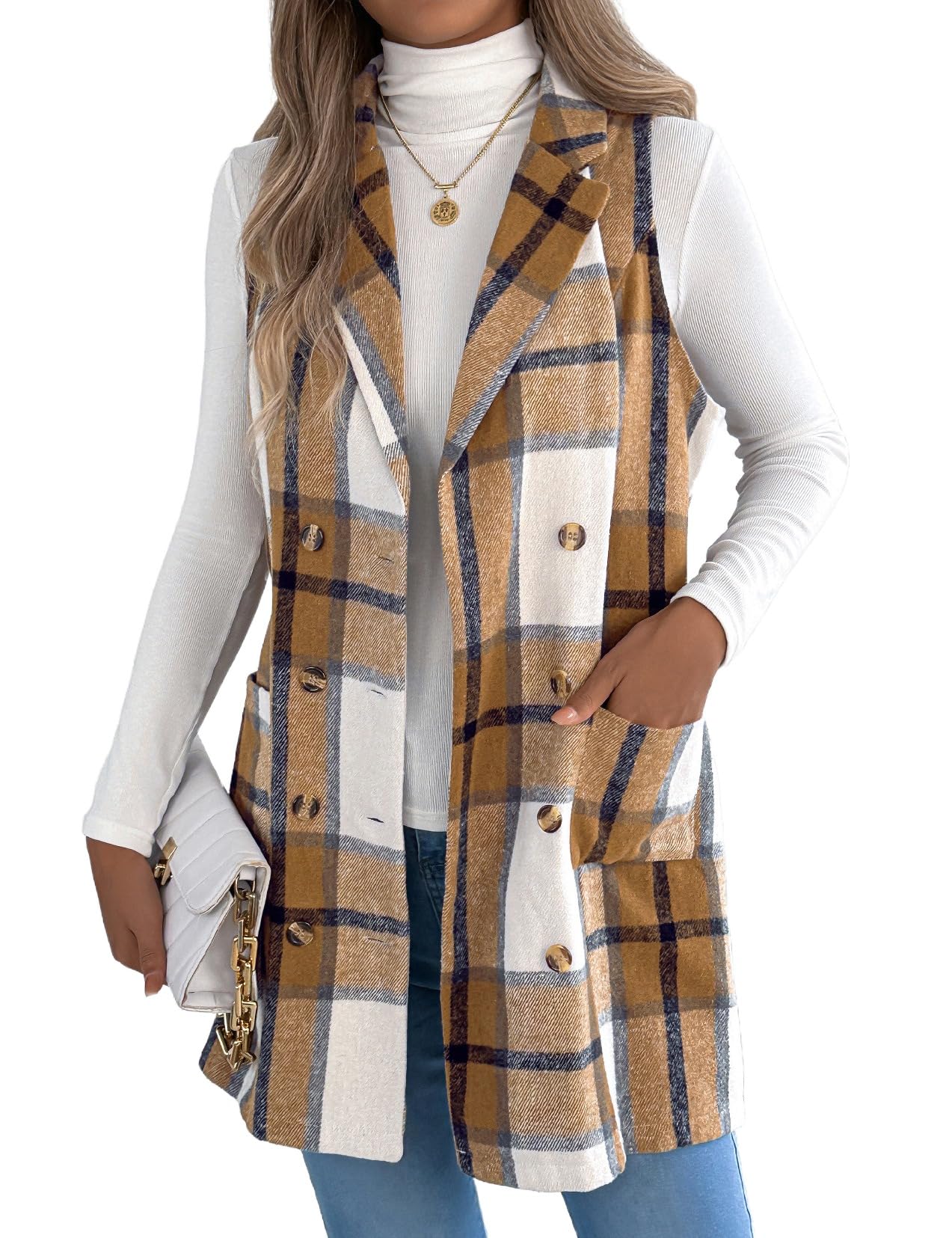 Kinghua Plaid Long Vest for Women Sleeveless Wool Coats Fall Winter Double Breasted Blazer Jackets Outwear