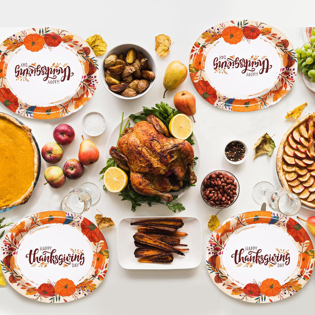 50 Count Thanksgiving Oval Paper Plates, 10" x 12.5" Large Disposable Dinner Serving Party Platters Heavy Duty, Autumn Fall Harvest Party Supply Thanksgiving Decor