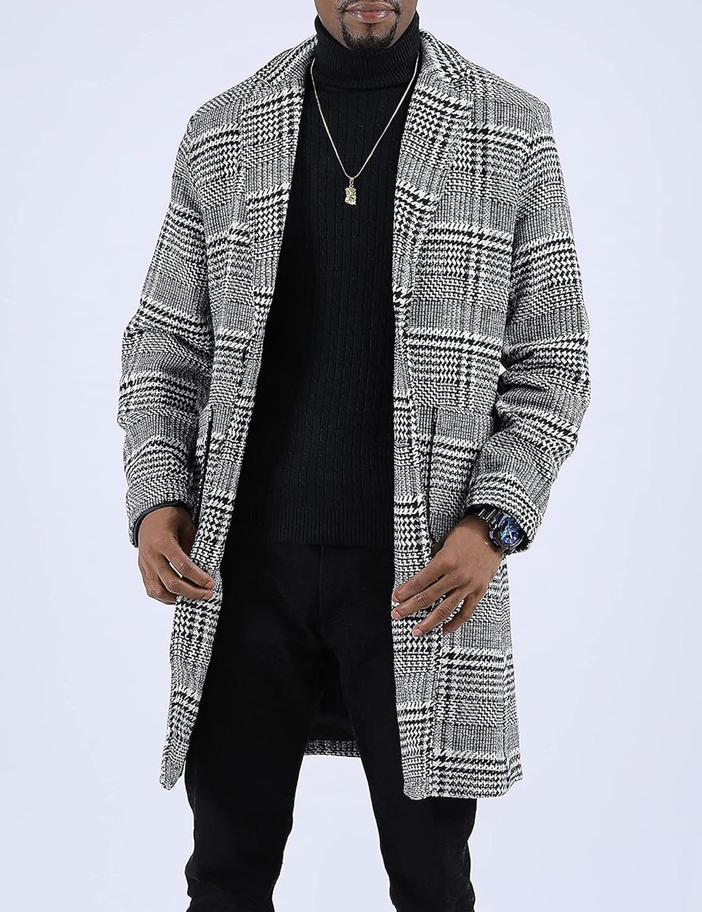 Springrain Men's Wool Blend Pea Coat Notched Collar Single Breasted Overcoat Warm Winter Trench Coat