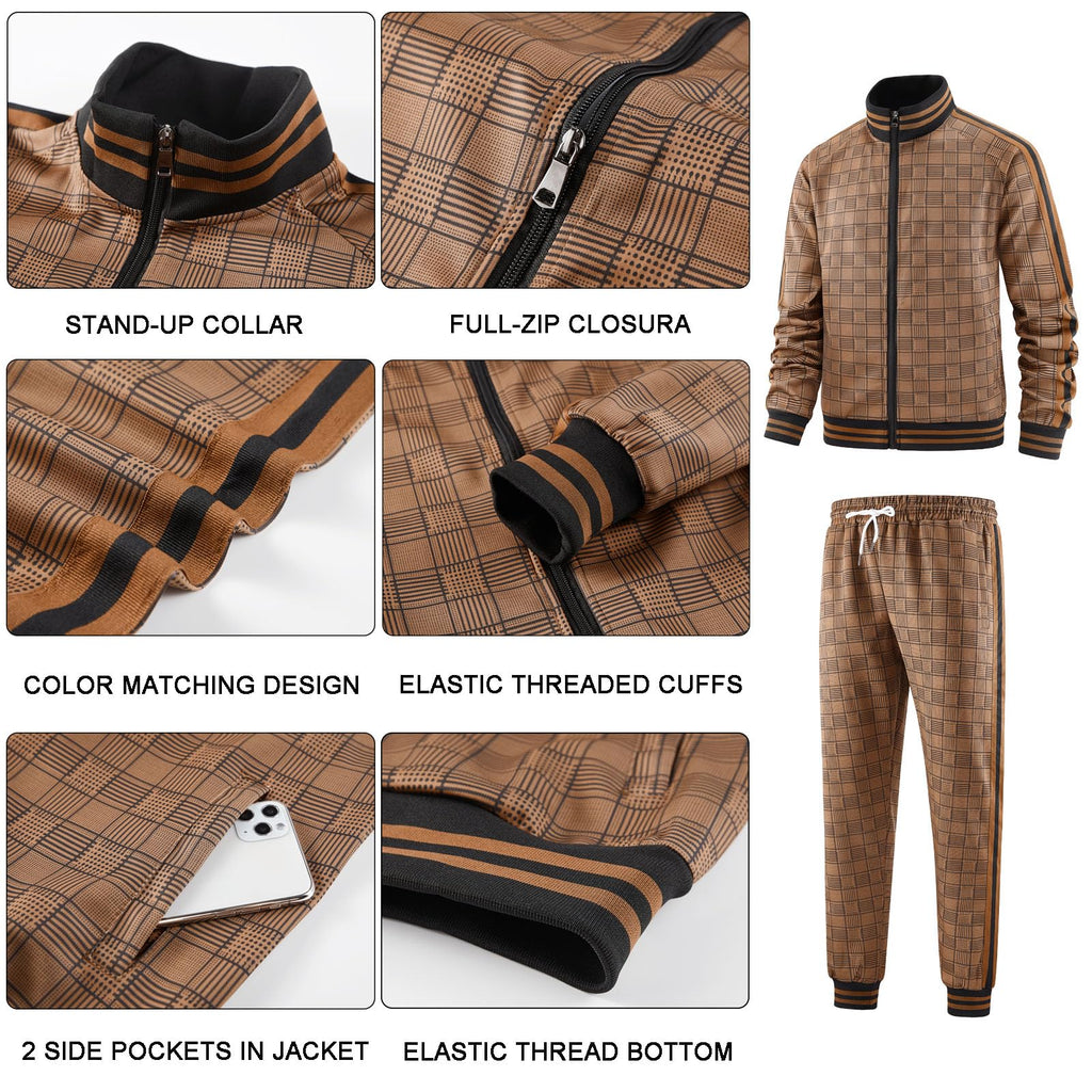 Men Tracksuits Full-zip Long Sleeve Plaid Track Jackets and Pants 2 Piece