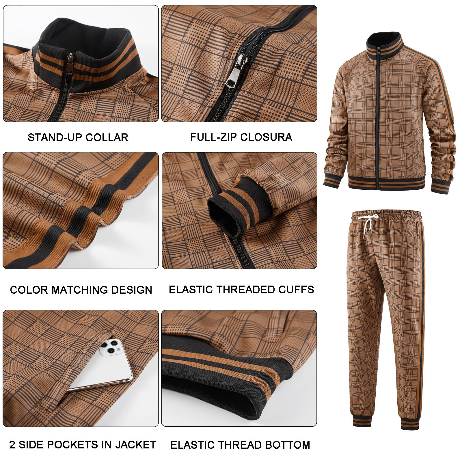Men Tracksuits Full-zip Long Sleeve Plaid Track Jackets and Pants 2 Piece