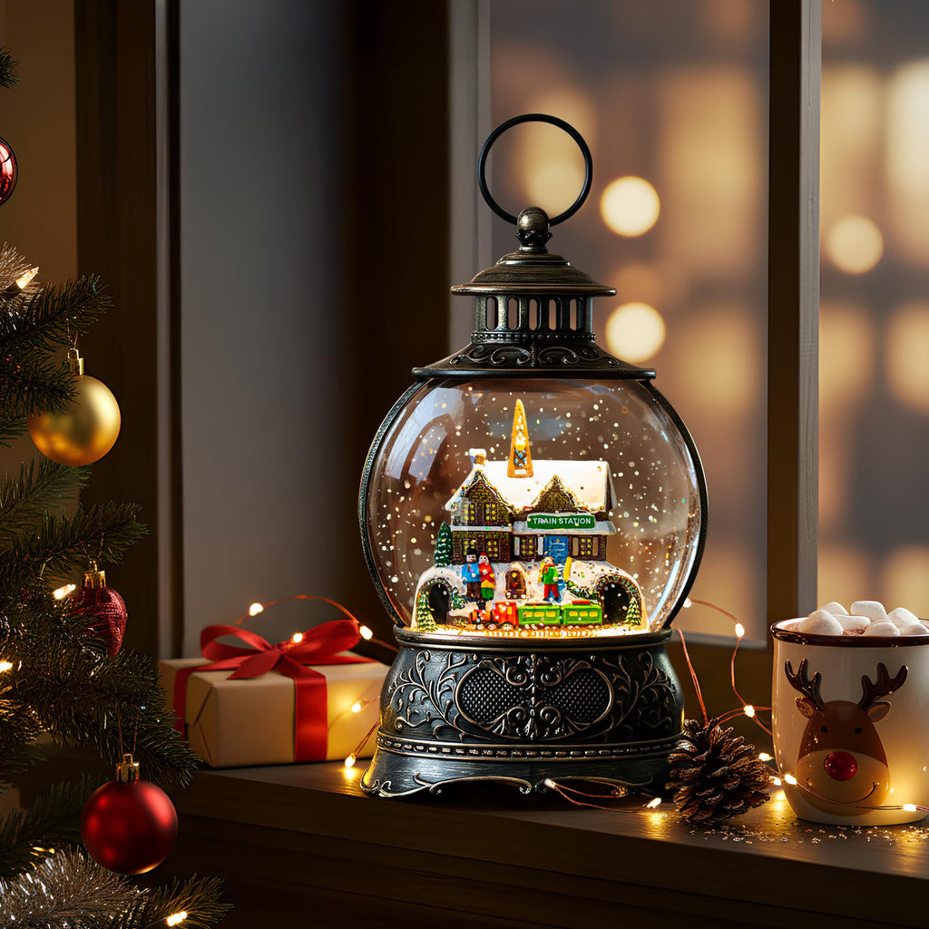 Fall Snow Globe Lantern with Autumn Turkey and Pumpkins Thanksgiving LED Decor for Home, Indoor Tabletop Centerpiece with Glitter Flakes, Harvest Light Decorations