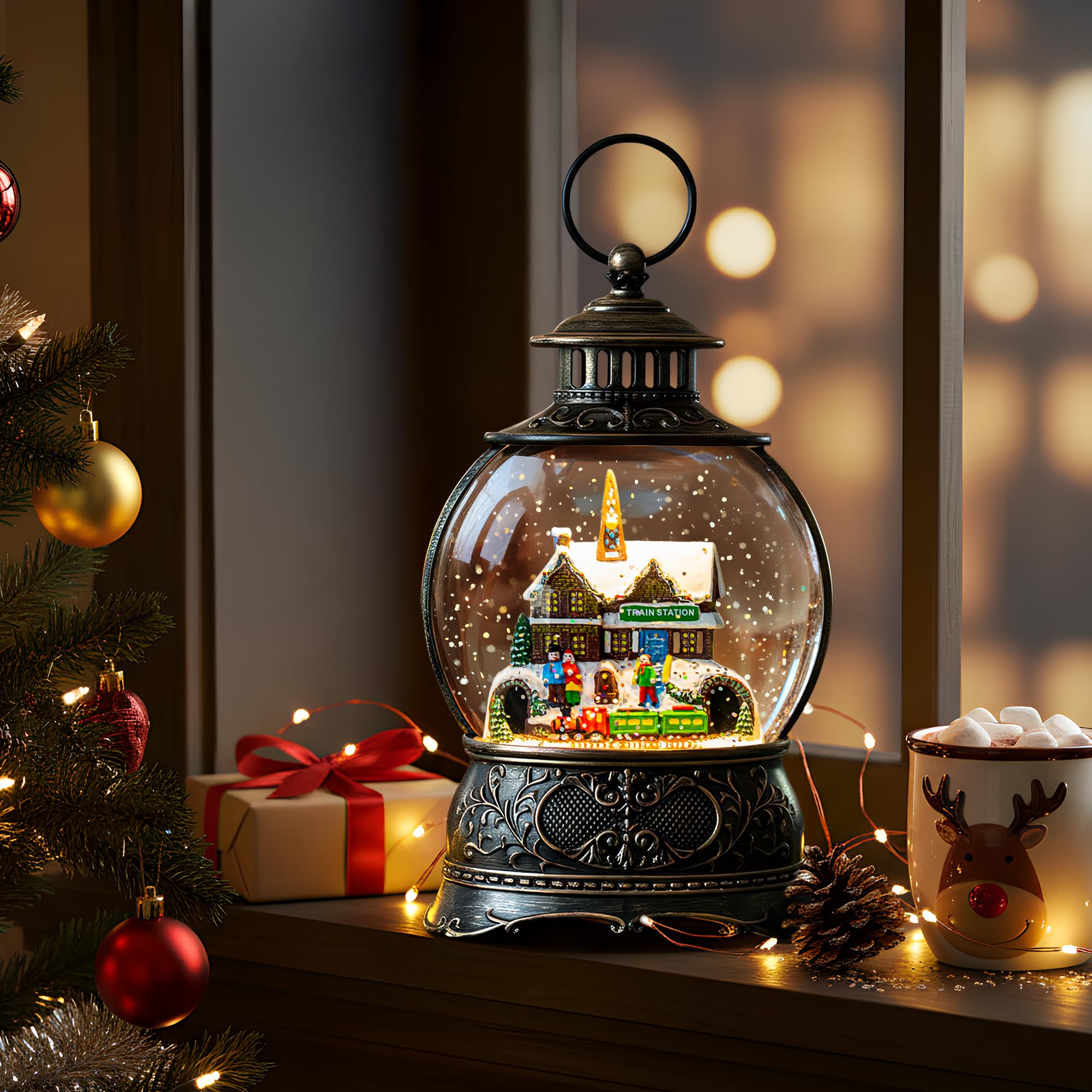 Fall Snow Globe Lantern with Autumn Turkey and Pumpkins Thanksgiving LED Decor for Home, Indoor Tabletop Centerpiece with Glitter Flakes, Harvest Light Decorations