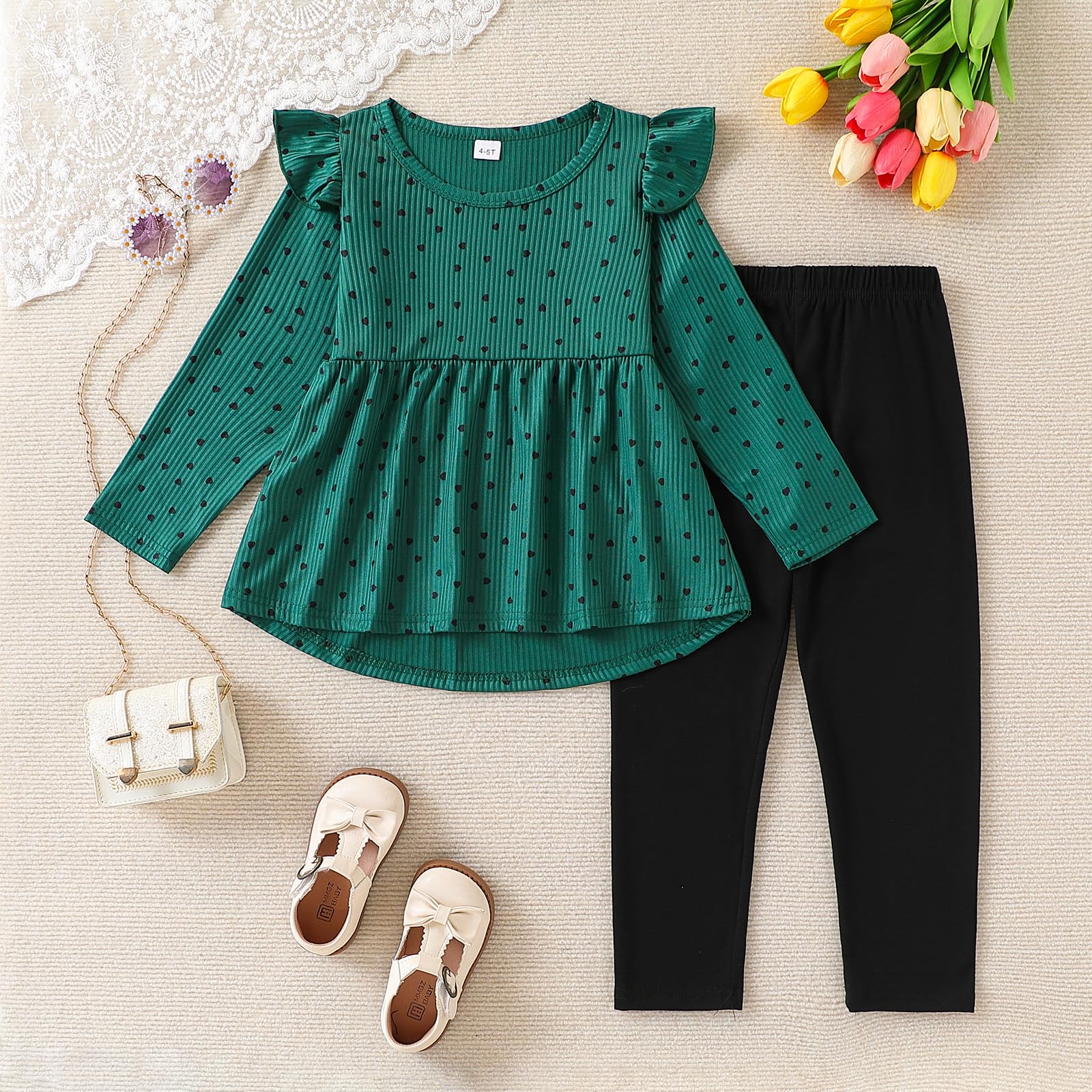 Toddler Girl Clothes Ruffle Long Sleeve Heart Print Tops and Pants 2PC Little Girl Winter Outfits Size (4-7T)