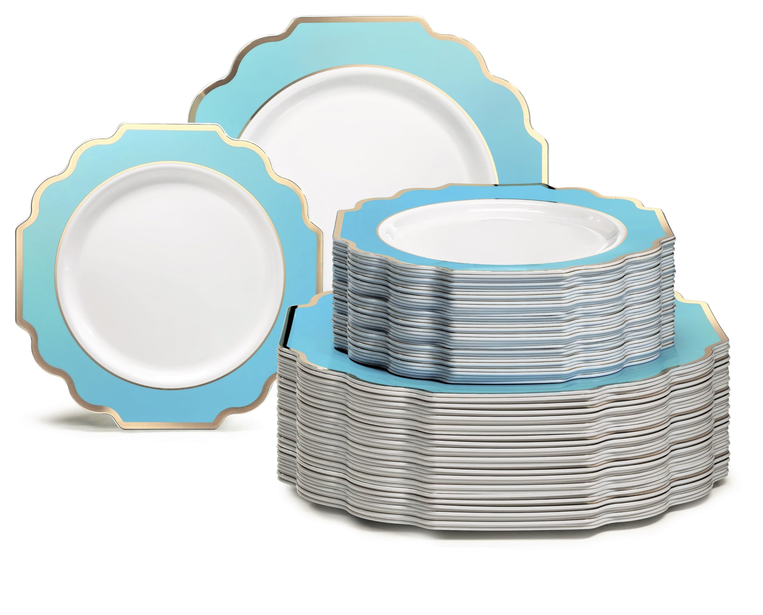 " OCCASIONS " 50 Plates Pack (25 Guests)-Heavyweight Wedding Party Disposable Plastic Plate Set -(25x10.5'' Dinner + 25x8'' Salad/Dessert) (Imperial White & Gold)