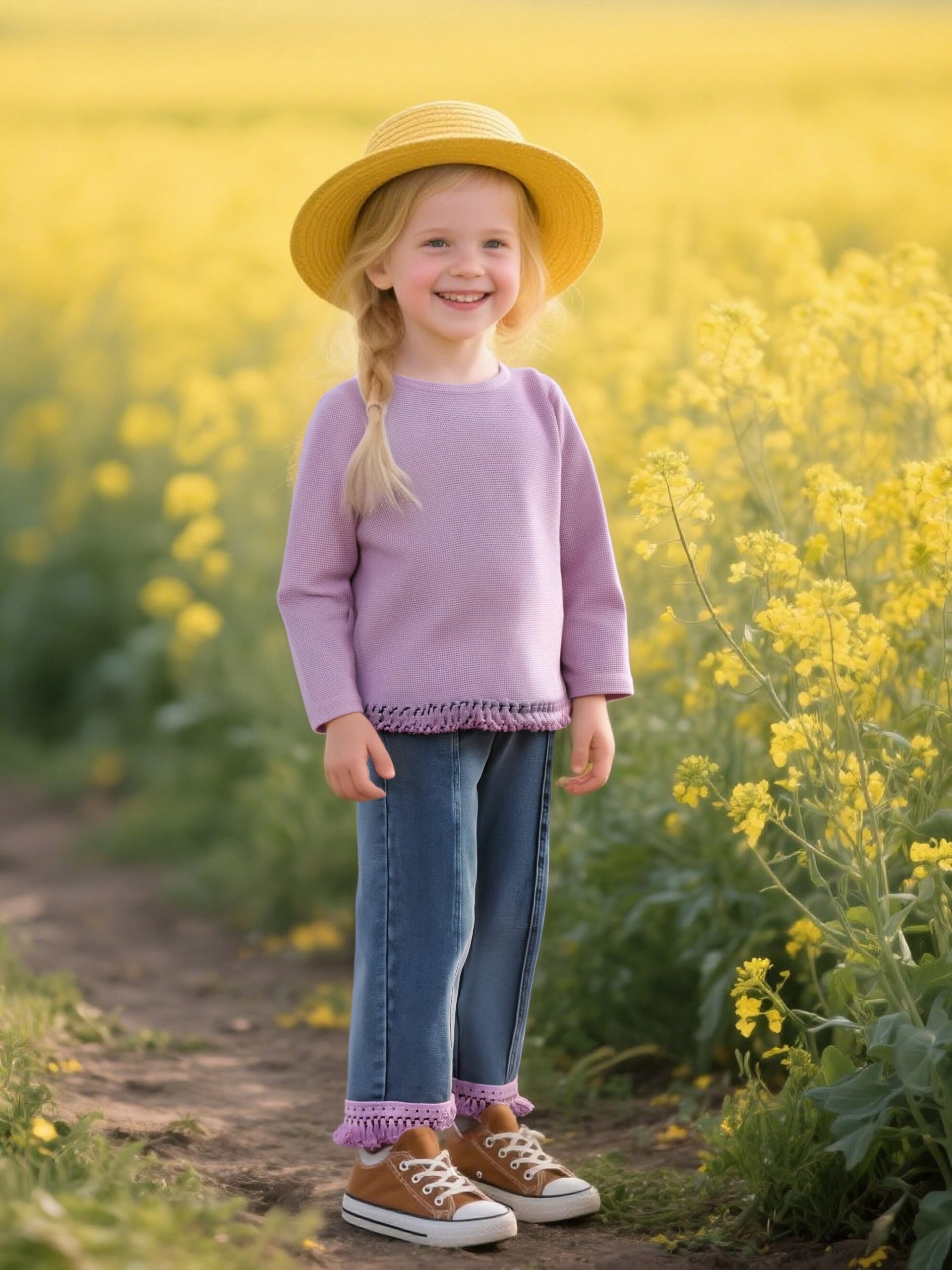 3-7 Years Toddler Girls Pants Set - Tassel Top & Washed Denim Pants Fall Winter Clothing Outfits Set for Girls