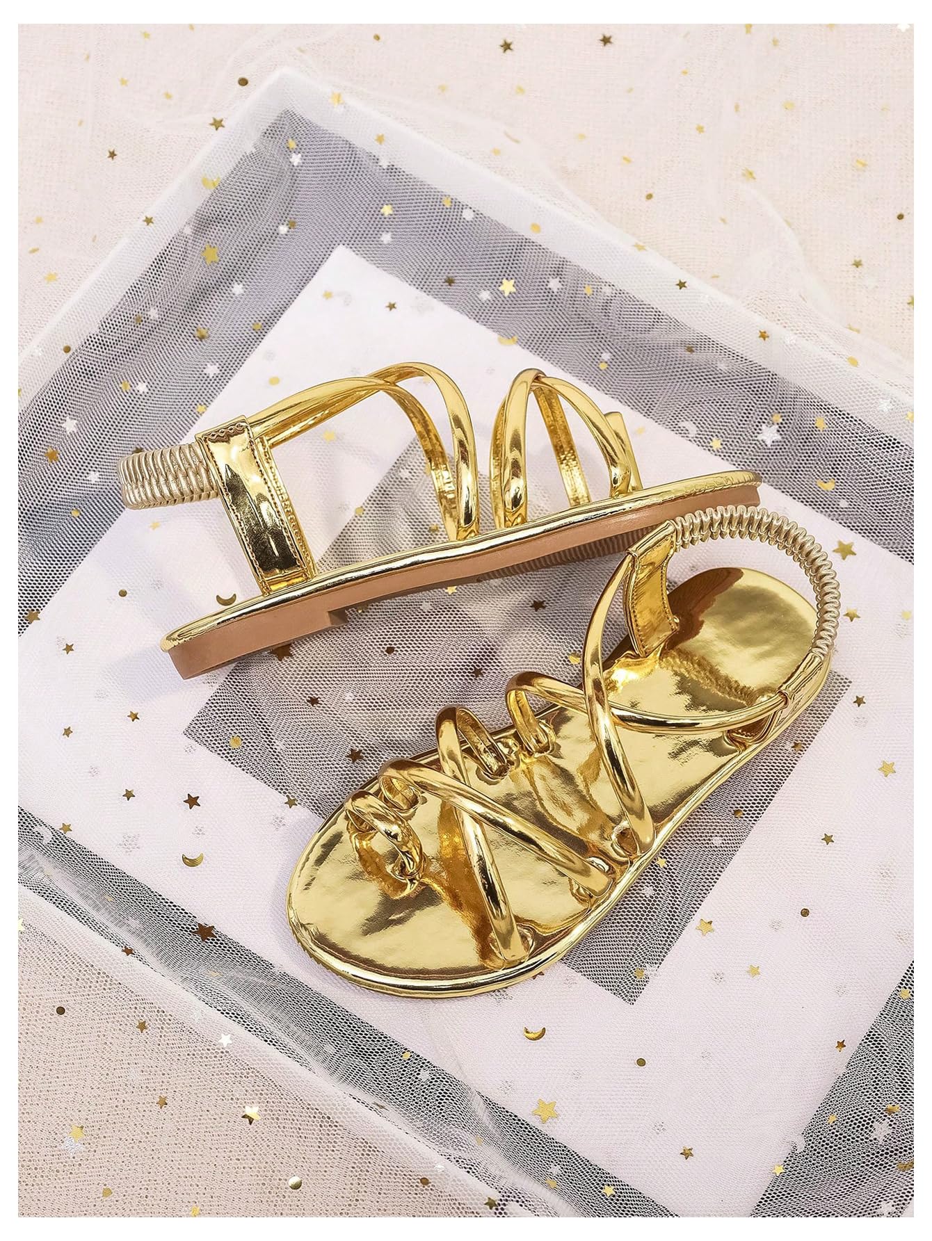 GORGLITTER Girl's Metallic Strappy Flat Sandals Dressy Toe Ring Ankle Strap Cute Slio on Shoes