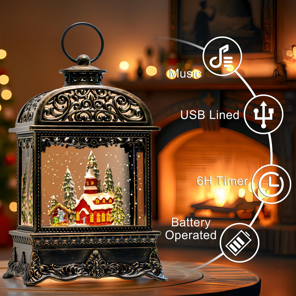 Fall Snow Globe Lantern with Autumn Turkey and Pumpkins Thanksgiving LED Decor for Home, Indoor Tabletop Centerpiece with Glitter Flakes, Harvest Light Decorations