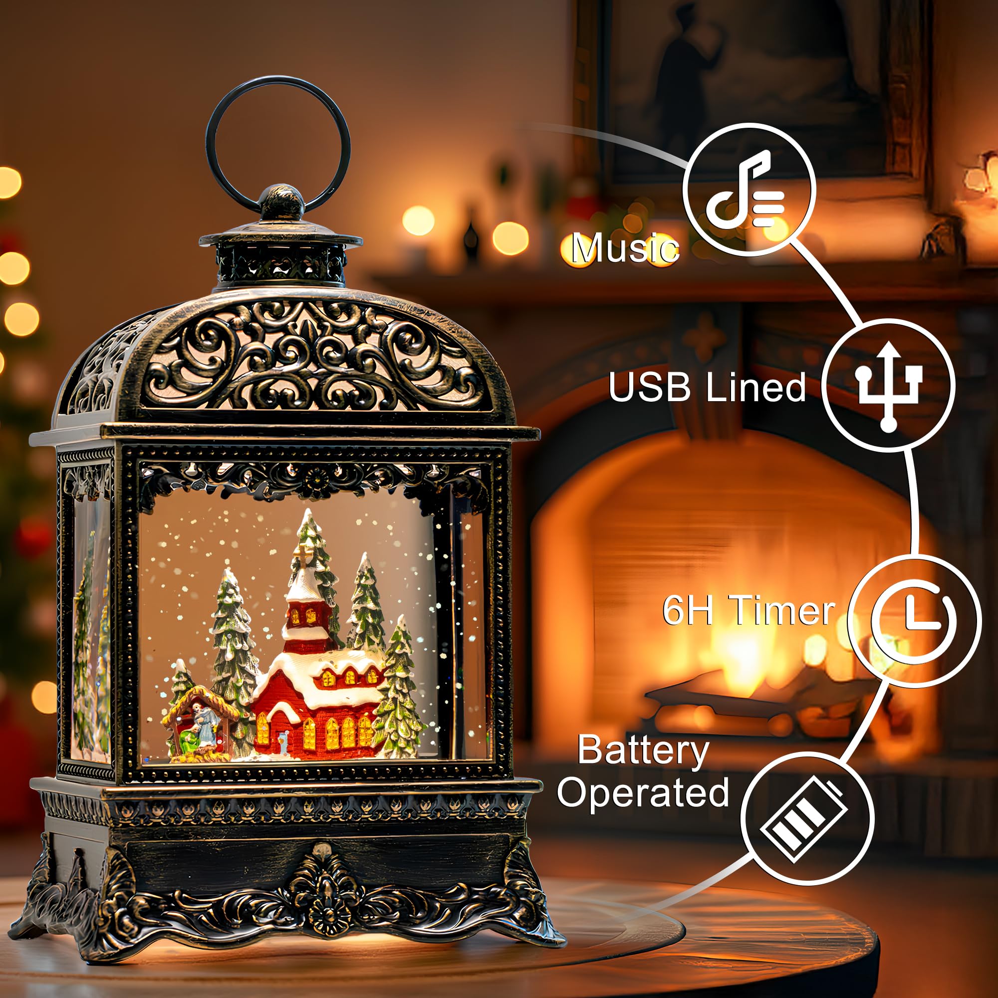 Fall Snow Globe Lantern with Autumn Turkey and Pumpkins Thanksgiving LED Decor for Home, Indoor Tabletop Centerpiece with Glitter Flakes, Harvest Light Decorations