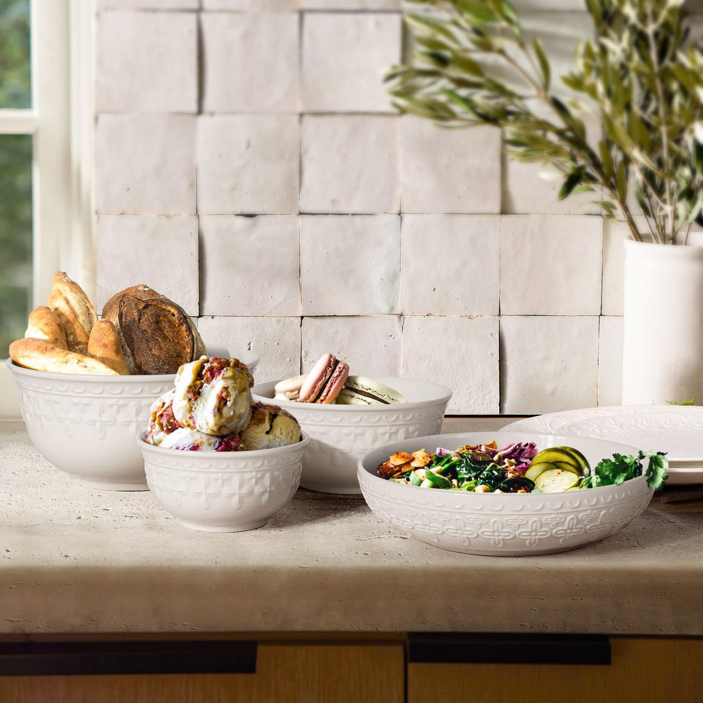 Large Salad Bowls Set of 4, 60oz White Serving Bowls Deep Deep Embossed Ceramic Mixing Bowl for Soup Kitchen, Eating, Ramen, Pasta, Dishwasher & Microwave Safe 8 inch (Multiple Patterns)