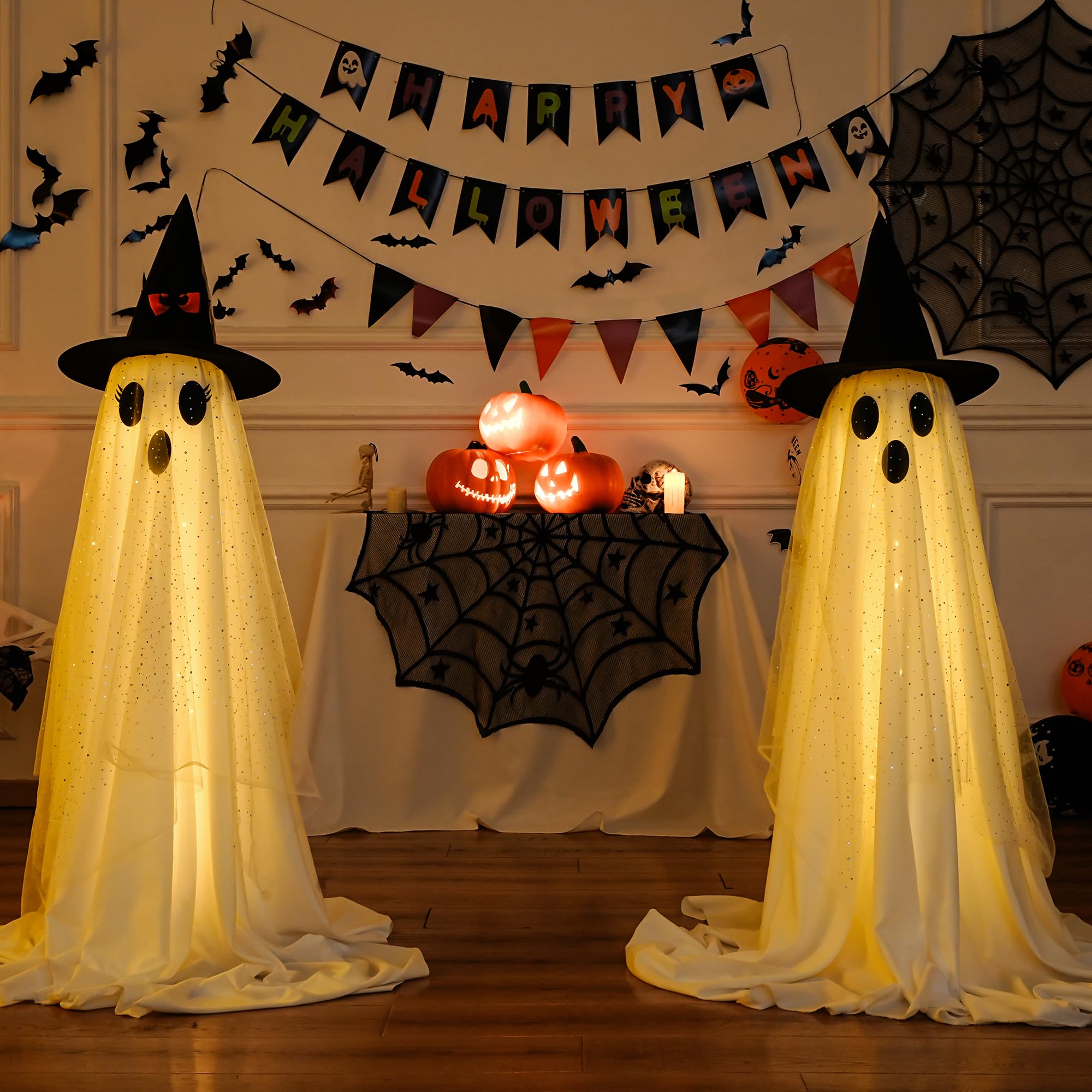 2Packs Halloween Decorations Outdoor,Halloweens Party Decoration Indoor,Spooky Ghost with Remote Control String Lights,Halloween-Ghost Lights for Porches Yards Gardens Lawn