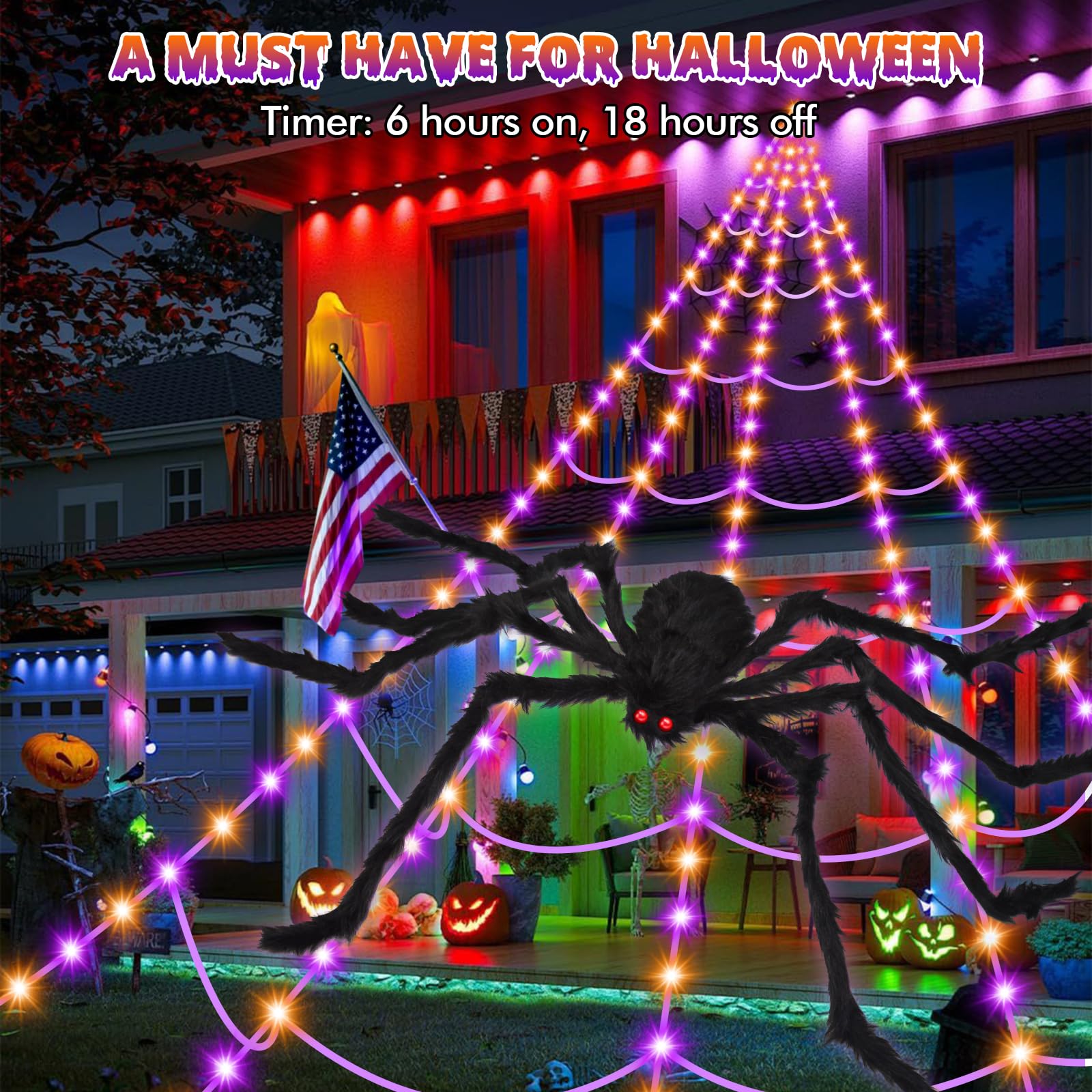 200" Halloween Spider Web + 59" Giant Spider Decorations Fake Spiders with Triangular Huge Spiders Web for Indoor Outdoor Halloween Decorations Yard Home Costumes Parties Haunted House Décor