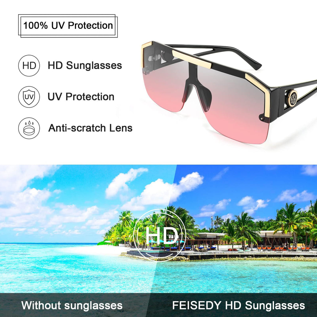 FEISEDY Square Oversized Sunglasses for Men Women, Flat Top Shield One Piece Lens Sun Glasses Shades B2765