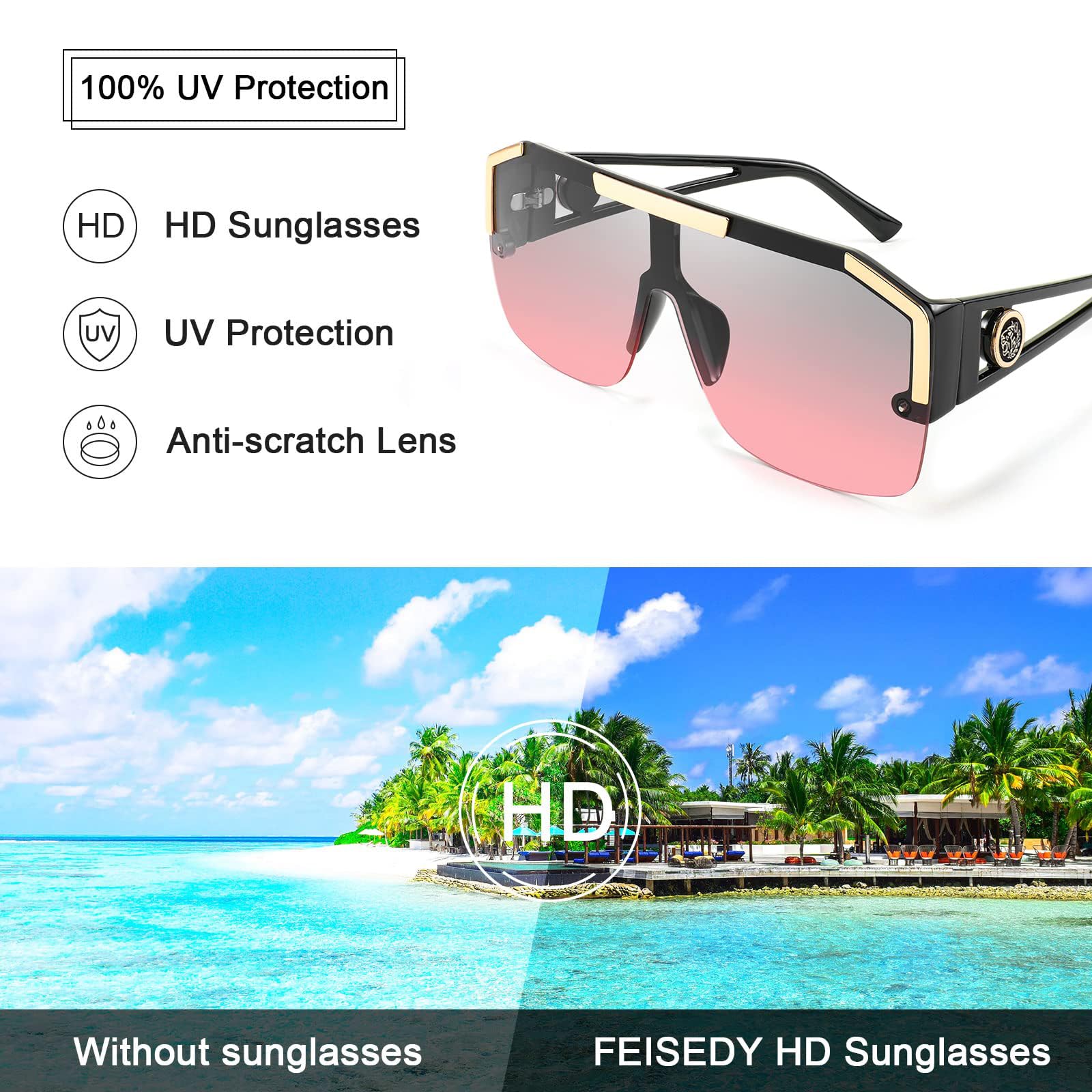 FEISEDY Square Oversized Sunglasses for Men Women, Flat Top Shield One Piece Lens Sun Glasses Shades B2765