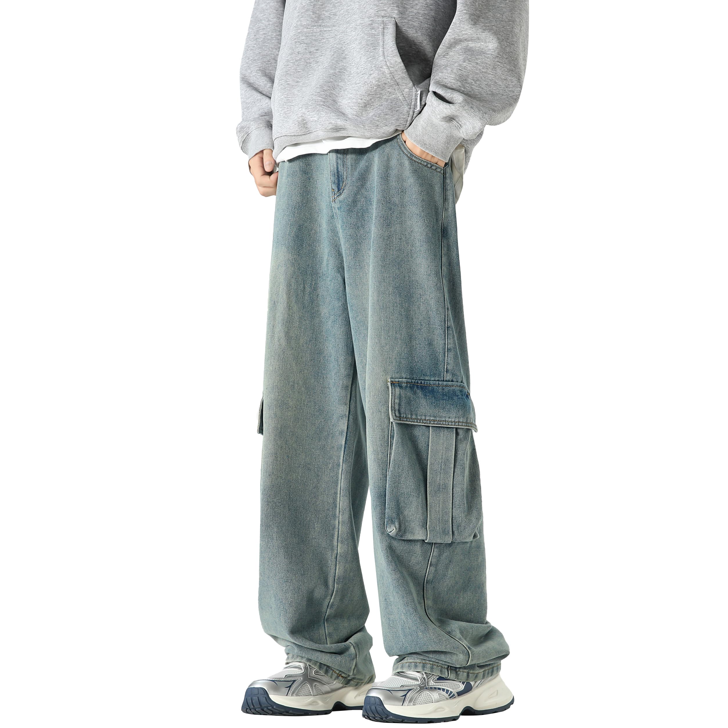 DOSLAVIDA Men's Hip Hop Jean Joggers Loose Fit Streetwear Biker Baggy Jeans Pants Stylish Printed Cargo Denim Pants