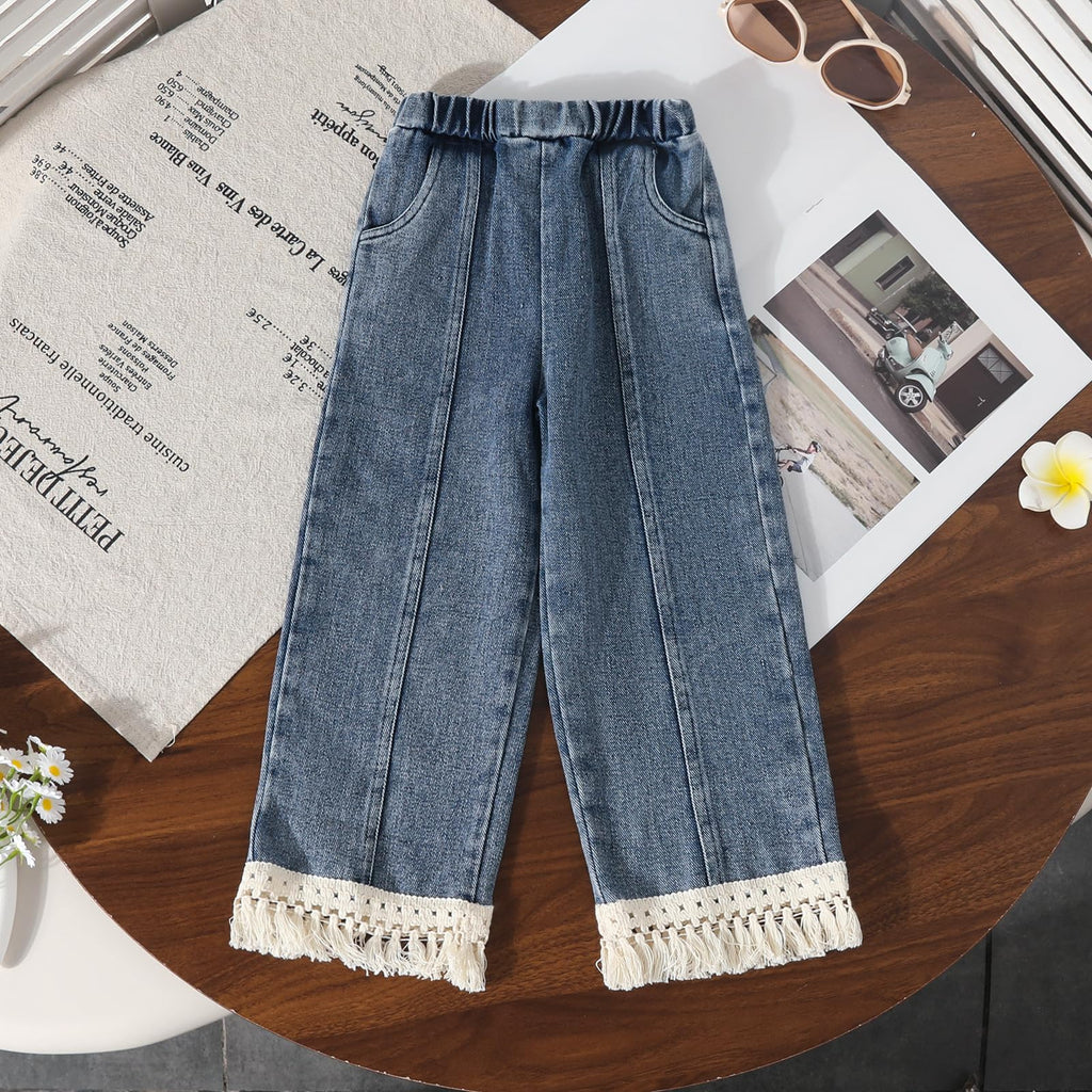 3-7 Years Toddler Girls Pants Set - Tassel Top & Washed Denim Pants Fall Winter Clothing Outfits Set for Girls