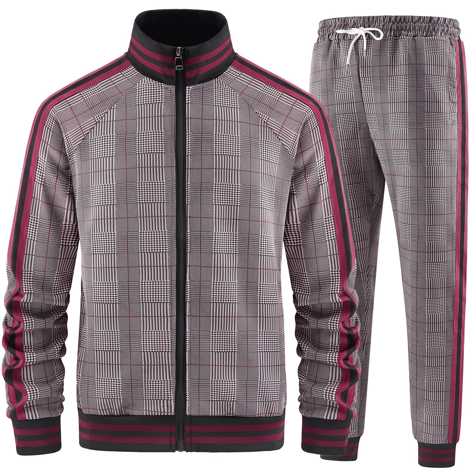 Men Tracksuits Full-zip Long Sleeve Plaid Track Jackets and Pants 2 Piece