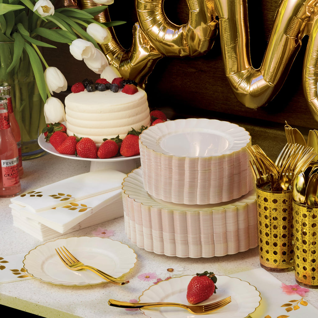 By Madee PREMIUM 60 Pc Ivory Scalloped Plastic Plates with Gold Trim – 30 Dinner & 30 Dessert Nice Plastic Plates for Party – Disposable & Elegant for Wedding, Showers, Special Moments (30 Guests)