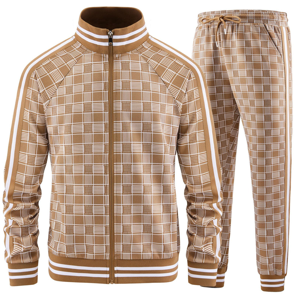 Men Tracksuits Full-zip Long Sleeve Plaid Track Jackets and Pants 2 Piece