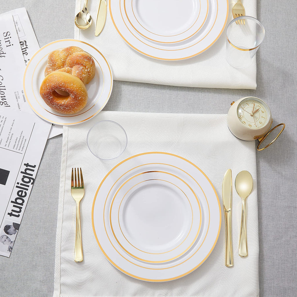 N9R 300PCS Gold Plastic Silverware, Heavy Duty Gold Plastic Cutlery Set Disposable Flatware Dinnerware, 100 Forks, 100 Spoons, 100 Knives, Perfect for Party, Wedding and Daily Use