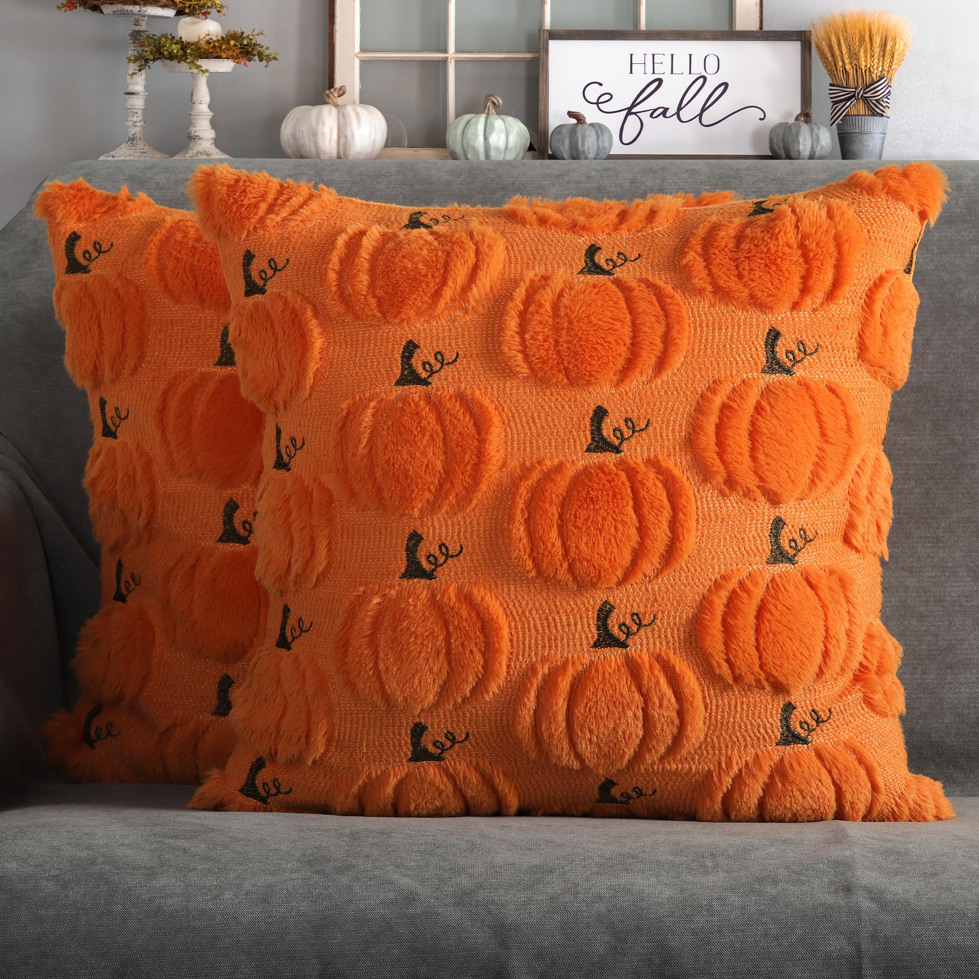 4TH Emotion Fall Pumpkins Decorative Pillow Covers 18x18 Set of 2, Beige Soft Plush Faux Fur Wool Farmhouse Throw Cushion Cases for Autumn Thanksgiving Holiday Home Decorations