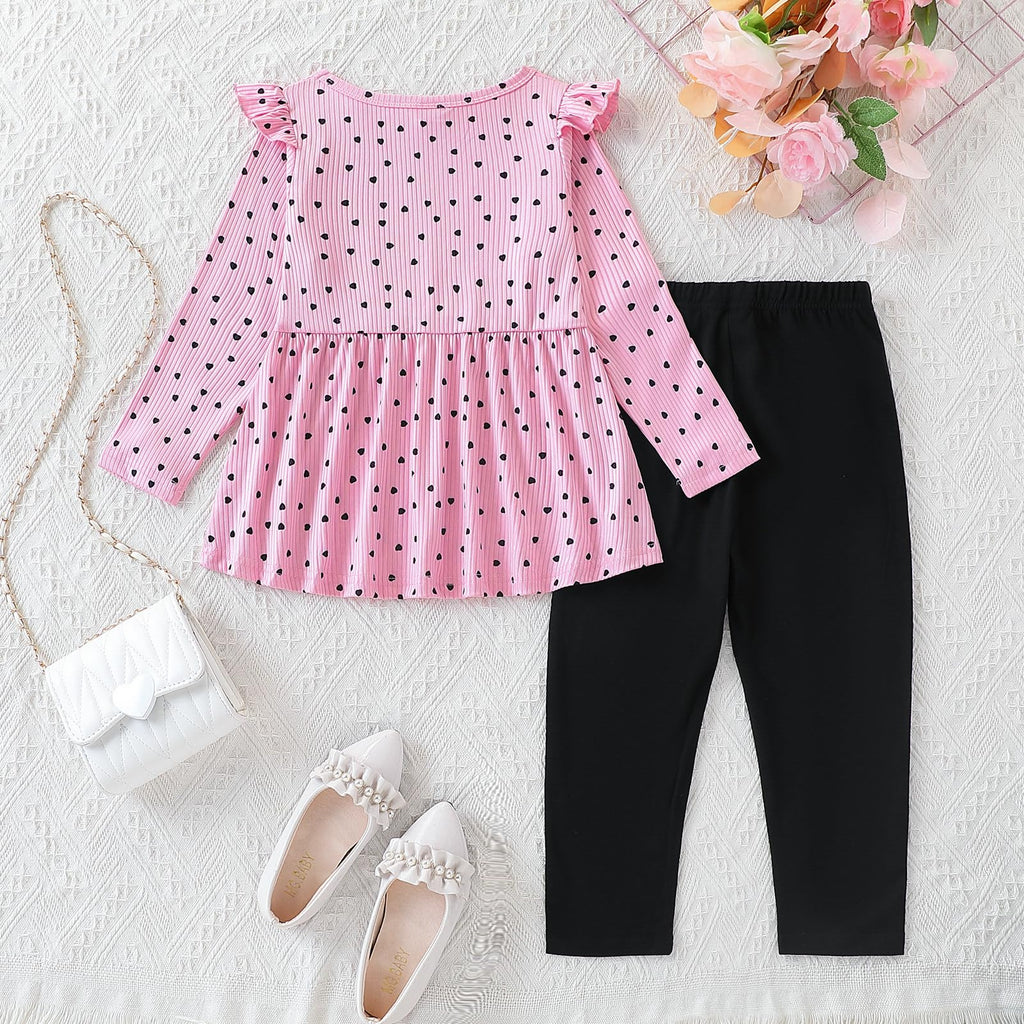 Toddler Girl Clothes Ruffle Long Sleeve Heart Print Tops and Pants 2PC Little Girl Winter Outfits Size (4-7T)