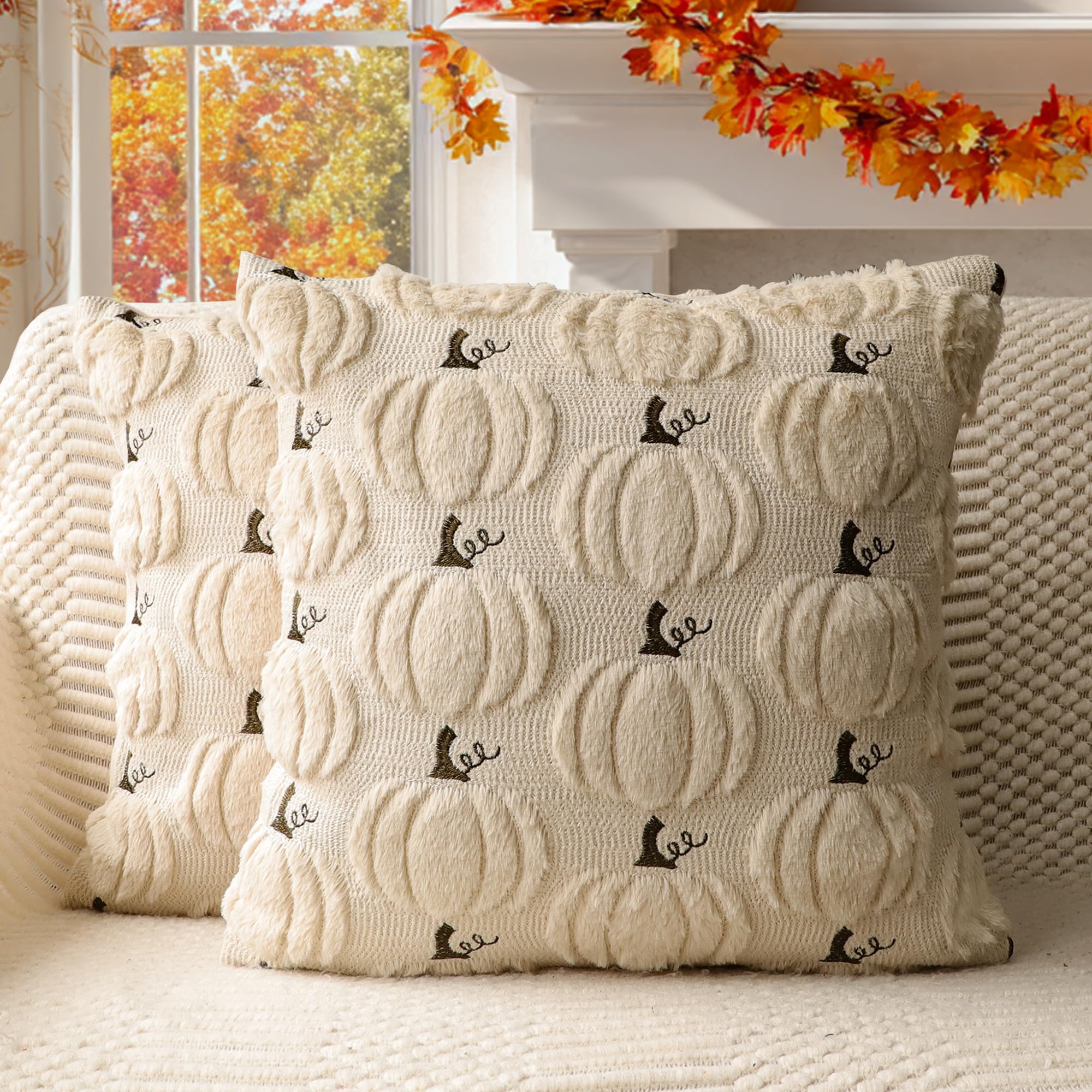 4TH Emotion Fall Pumpkins Decorative Pillow Covers 18x18 Set of 2, Beige Soft Plush Faux Fur Wool Farmhouse Throw Cushion Cases for Autumn Thanksgiving Holiday Home Decorations