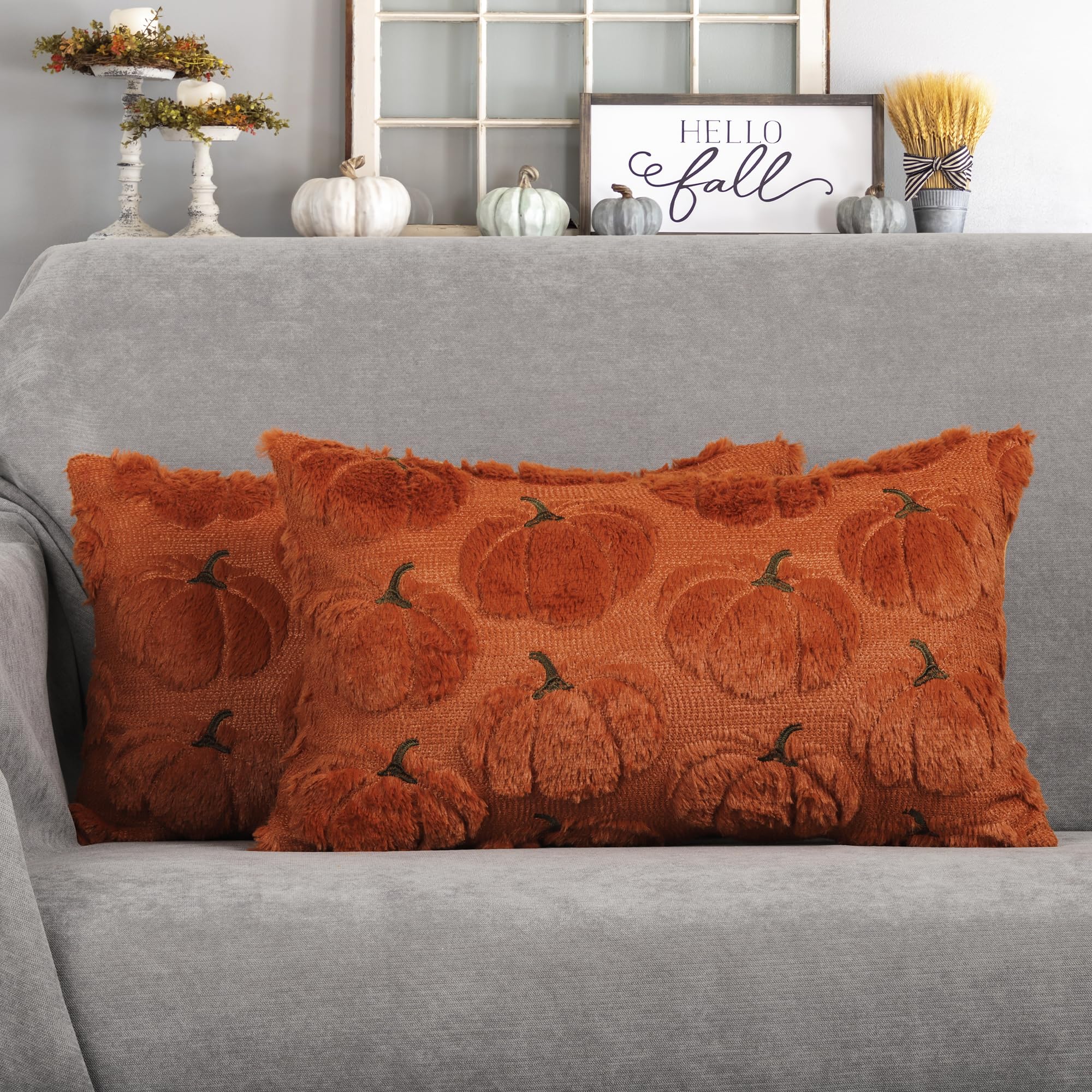 4TH Emotion Fall Pumpkins Decorative Pillow Covers 18x18 Set of 2, Beige Soft Plush Faux Fur Wool Farmhouse Throw Cushion Cases for Autumn Thanksgiving Holiday Home Decorations