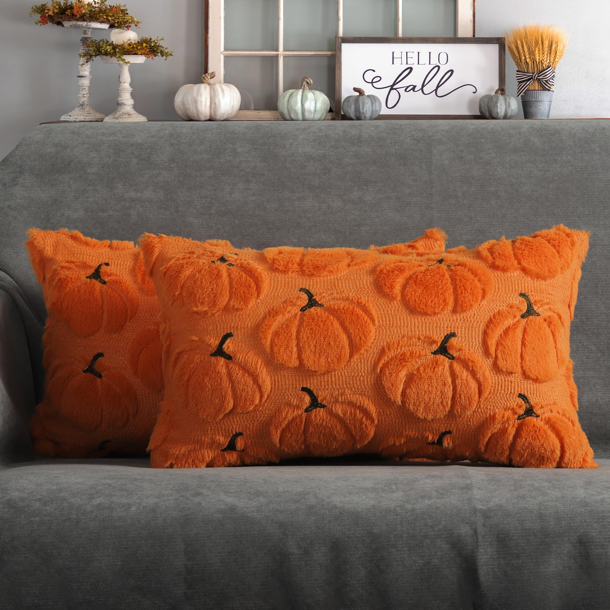 4TH Emotion Fall Pumpkins Decorative Pillow Covers 18x18 Set of 2, Beige Soft Plush Faux Fur Wool Farmhouse Throw Cushion Cases for Autumn Thanksgiving Holiday Home Decorations