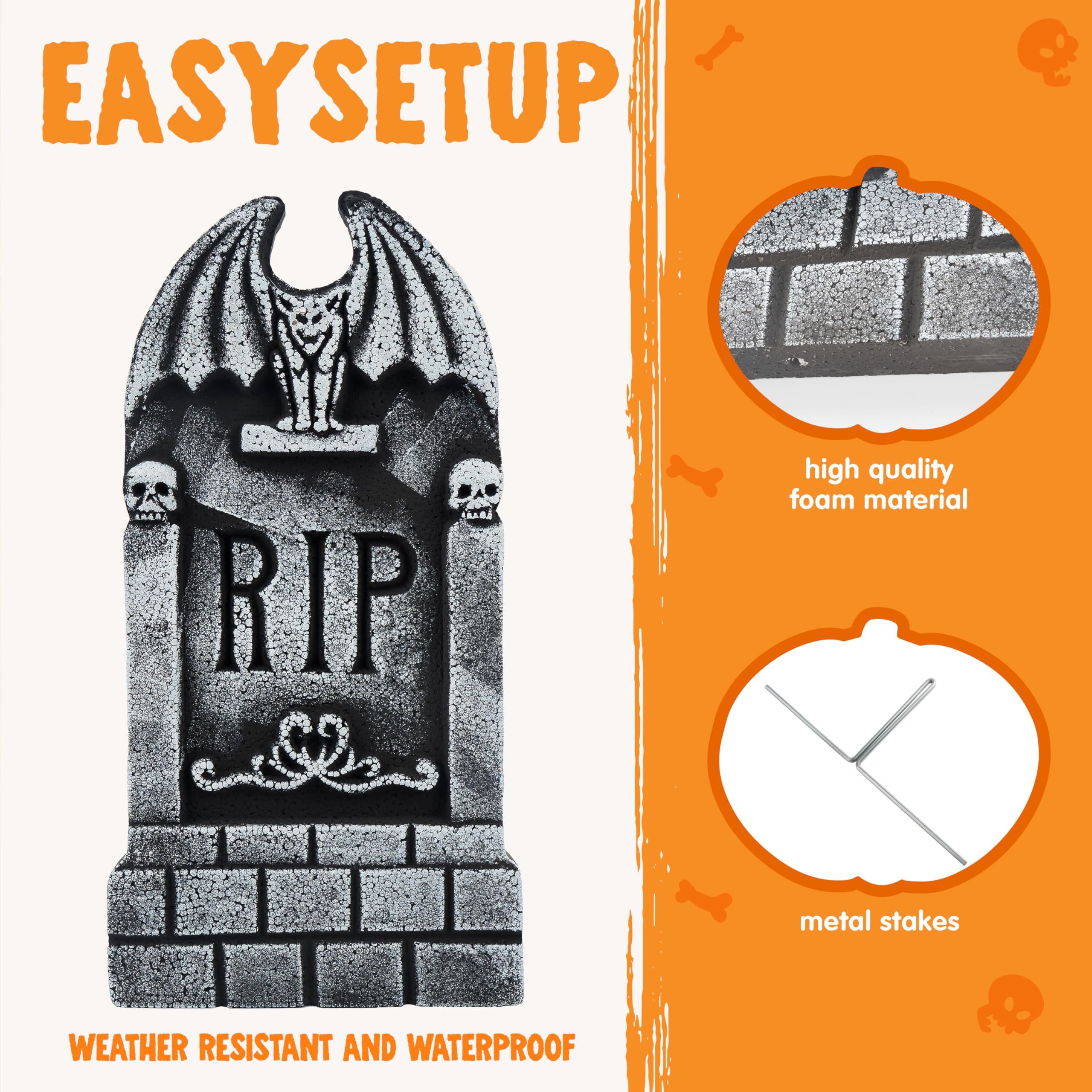 JOYIN 17” Halloween Foam RIP Graveyard Tombstones (5 Pack), Halloween Tombstones Outdoor Decorations for Graves Decorations with 12 Metal Stakes for Cemetery Yard Lawn Party Decor